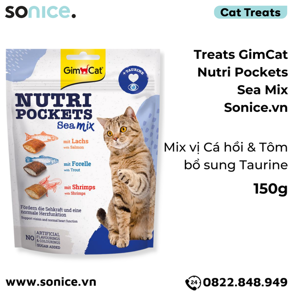  Treats GimCat Nutri Pockets Sea Mix 150g - Mix vị cá hồi và tôm, bổ sung Taurine SONICE. 