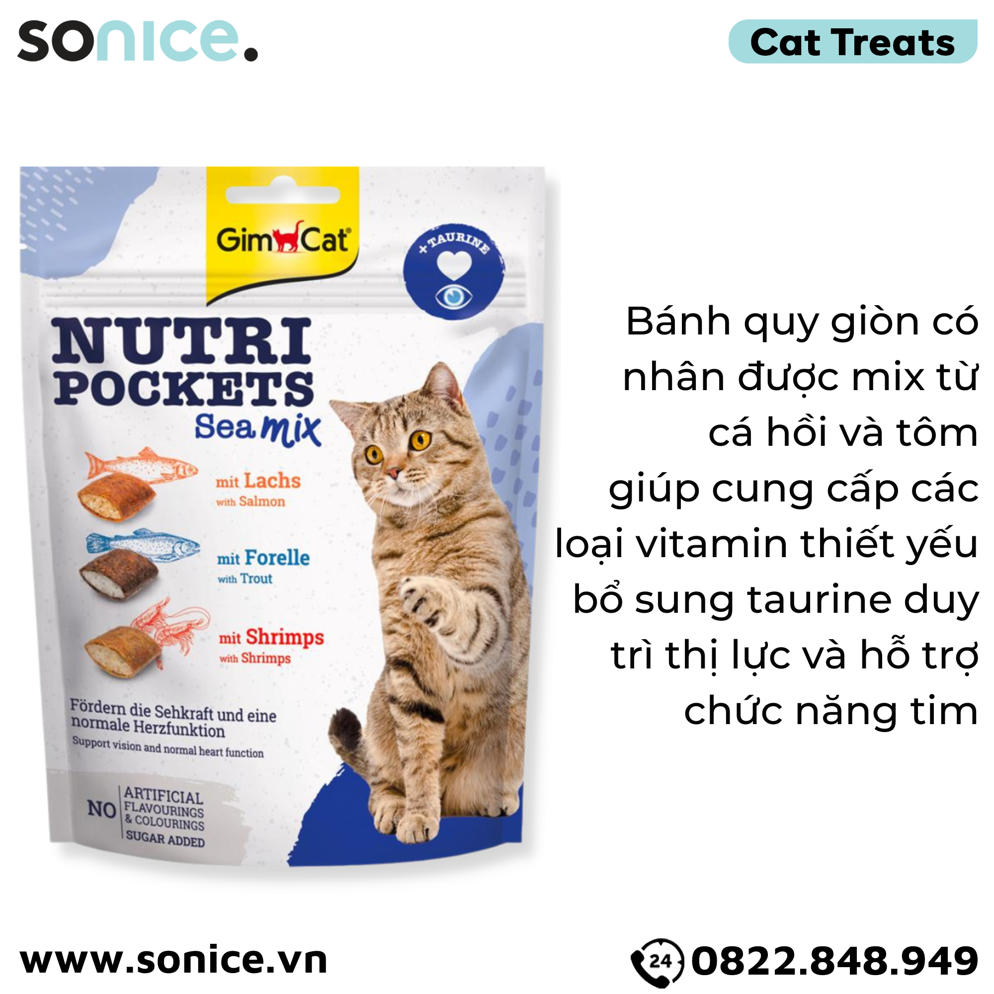  Treats GimCat Nutri Pockets Sea Mix 150g - Mix vị cá hồi và tôm, bổ sung Taurine SONICE. 