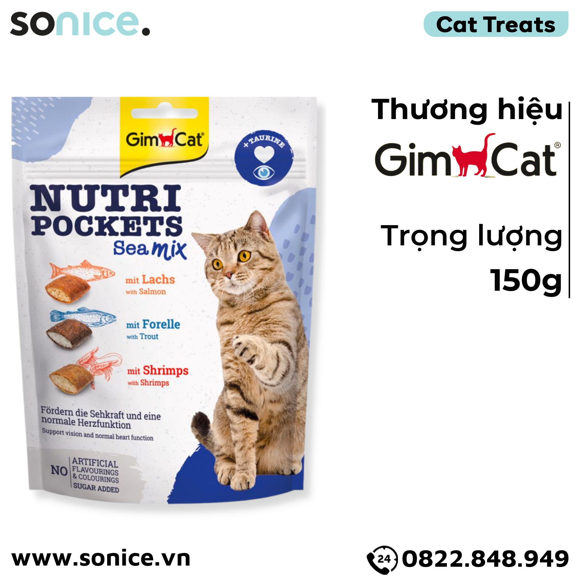  Treats GimCat Nutri Pockets Sea Mix 150g - Mix vị cá hồi và tôm, bổ sung Taurine SONICE. 