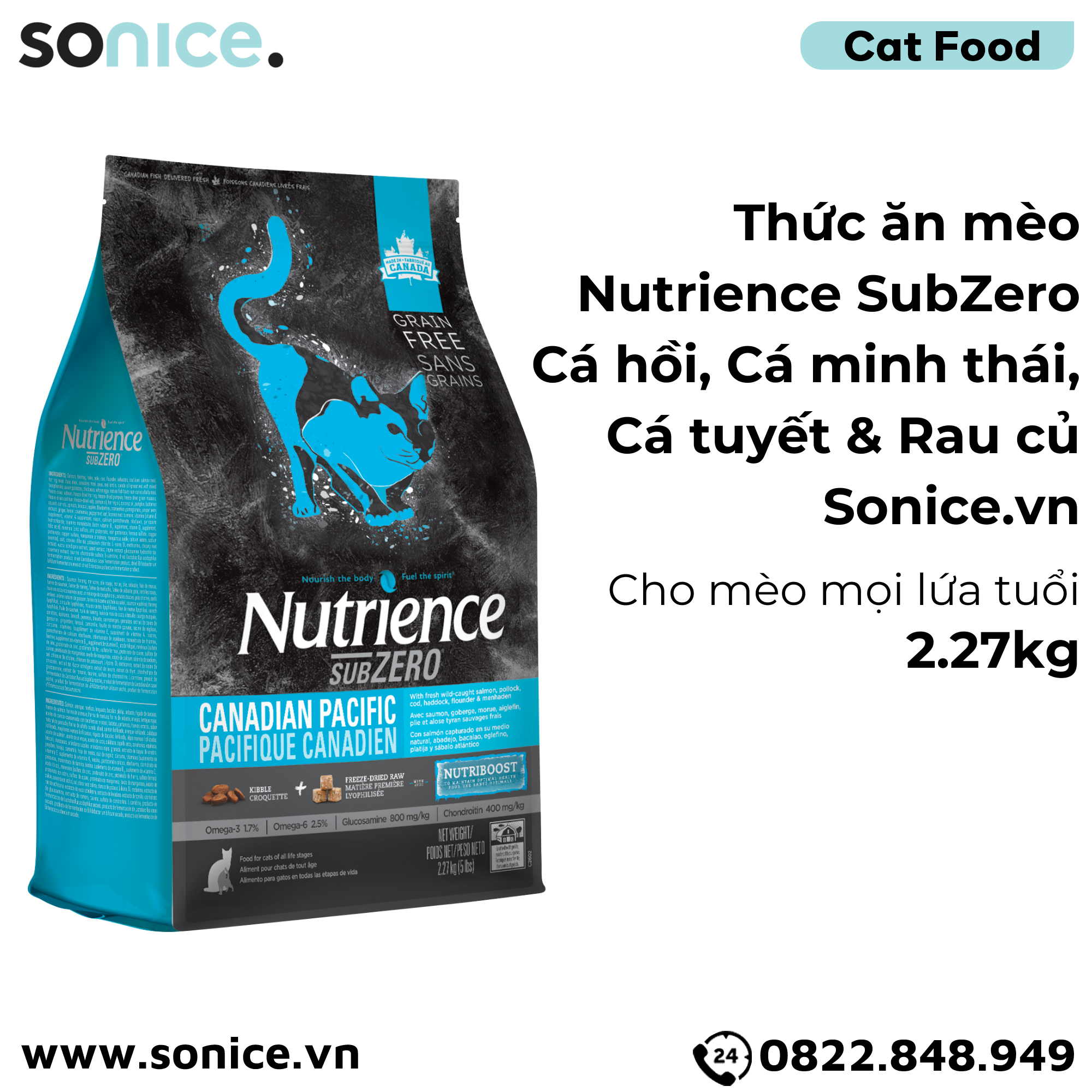  Thức ăn mèo Nutrience SubZero Cá hồi, Cá minh thái, Cá tuyết & Rau củ 2.27kg - Cho mèo mọi lứa tuổi SONICE. 