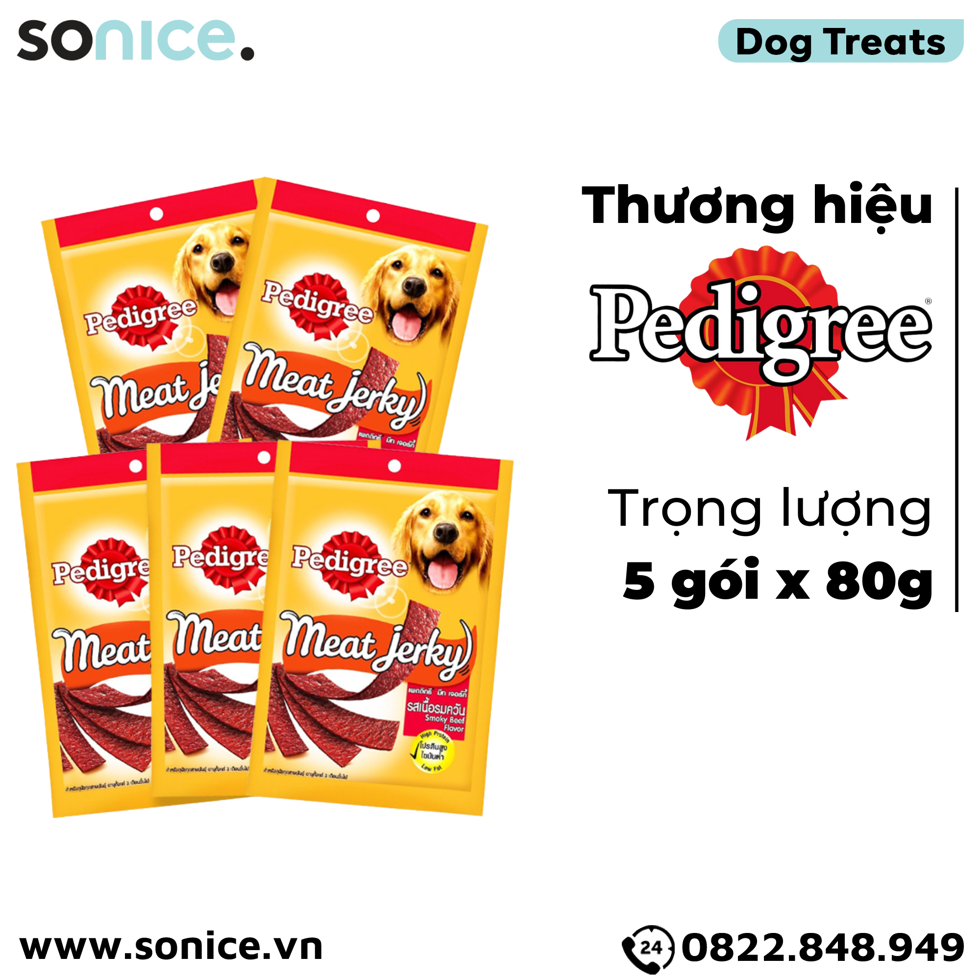  Combo Treats Pedigree Meat Jerky Smoky Beef Flavor 80g - 5 gói - Thịt bò xông khói SONICE. 