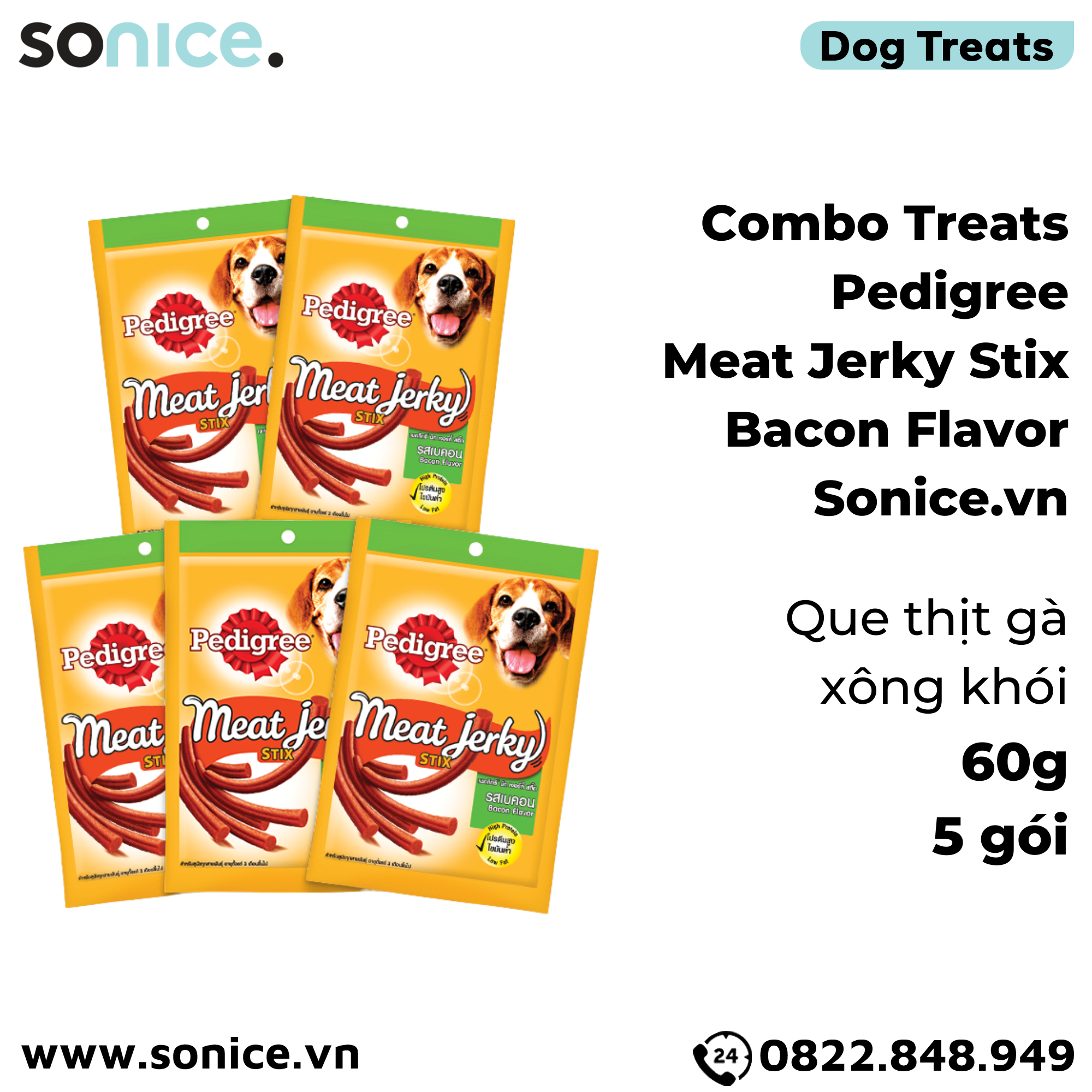  Combo Treats Pedigree Meat Jerky Stix Bacon Flavor 60g - 5 gói - Que thịt gà xông khói SONICE. 