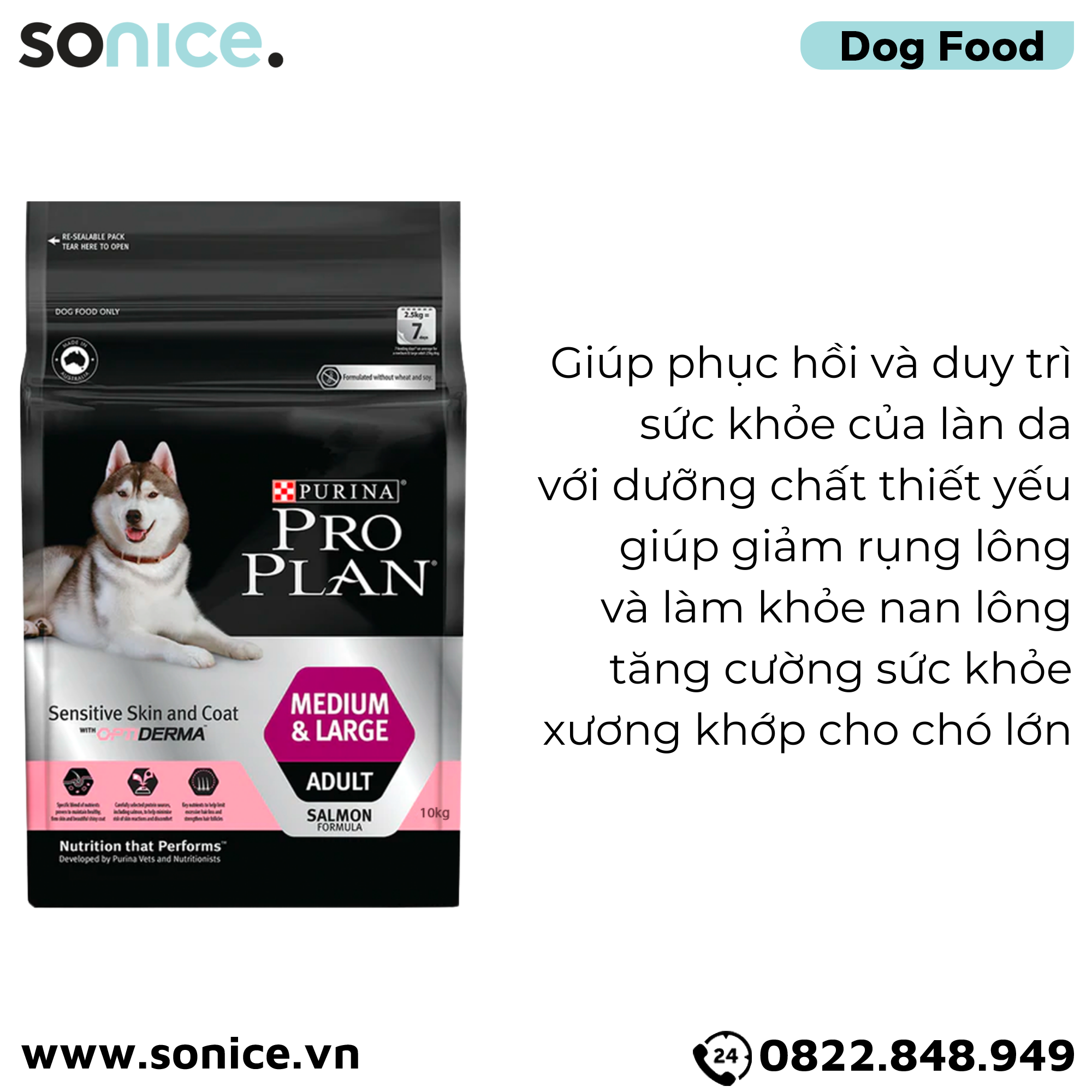  Thức ăn chó Purina PRO PLAN Medium Large Adult Sensitive Skin Coat 10kg - Dành cho da nhạy cảm dễ dị ứng giống chó lớn SONICE. 