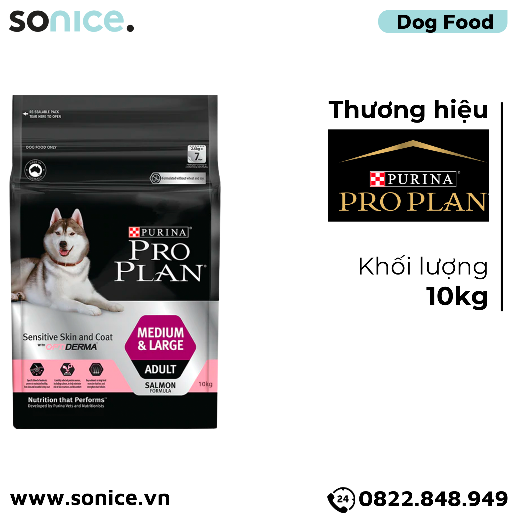  Thức ăn chó Purina PRO PLAN Medium Large Adult Sensitive Skin Coat 10kg - Dành cho da nhạy cảm dễ dị ứng giống chó lớn SONICE. 