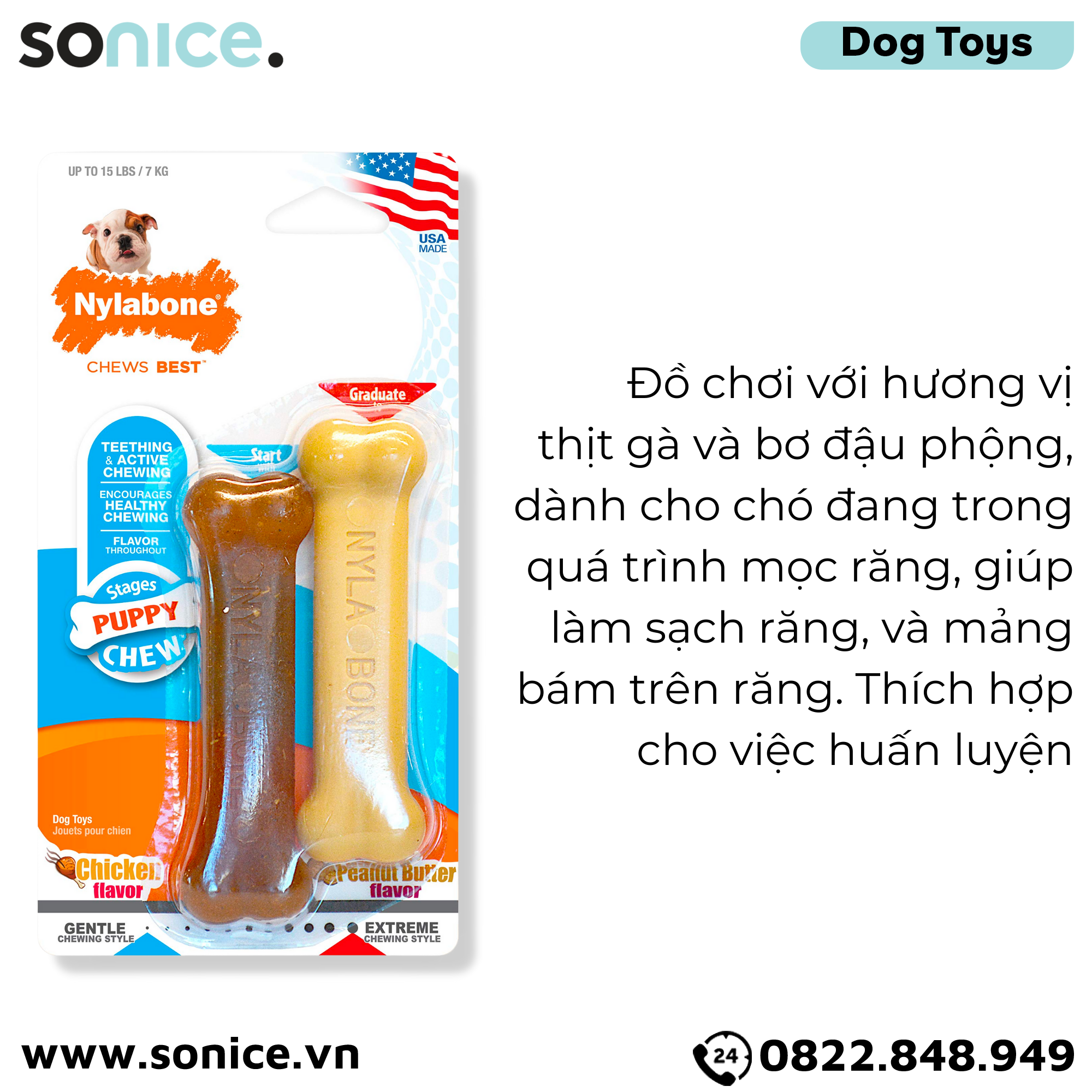  Đồ chơi Nylabone Puppy Chews Teething & Active Chewing Bone Chicken & Peanut Butter Flavor Toys - Vị thịt gà và bơ đậu phộng, cho chó con < 7kg SONICE. 