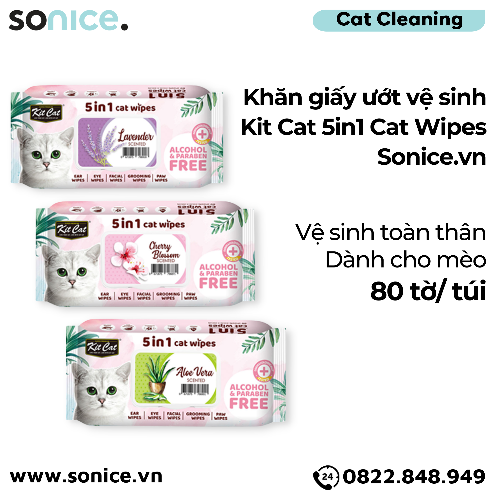  Khăn giấy ướt vệ sinh Kit Cat 5in1 Cat Wipes - Vệ sinh toàn thân cho Mèo SONICE. 