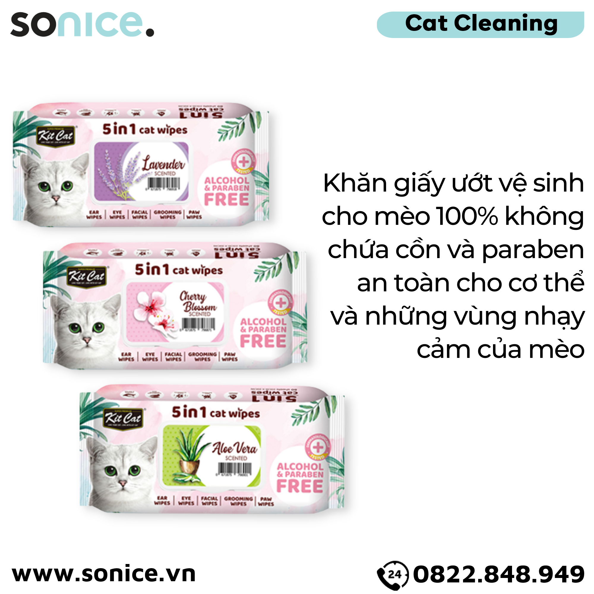  Khăn giấy ướt vệ sinh Kit Cat 5in1 Cat Wipes - Vệ sinh toàn thân cho Mèo SONICE. 