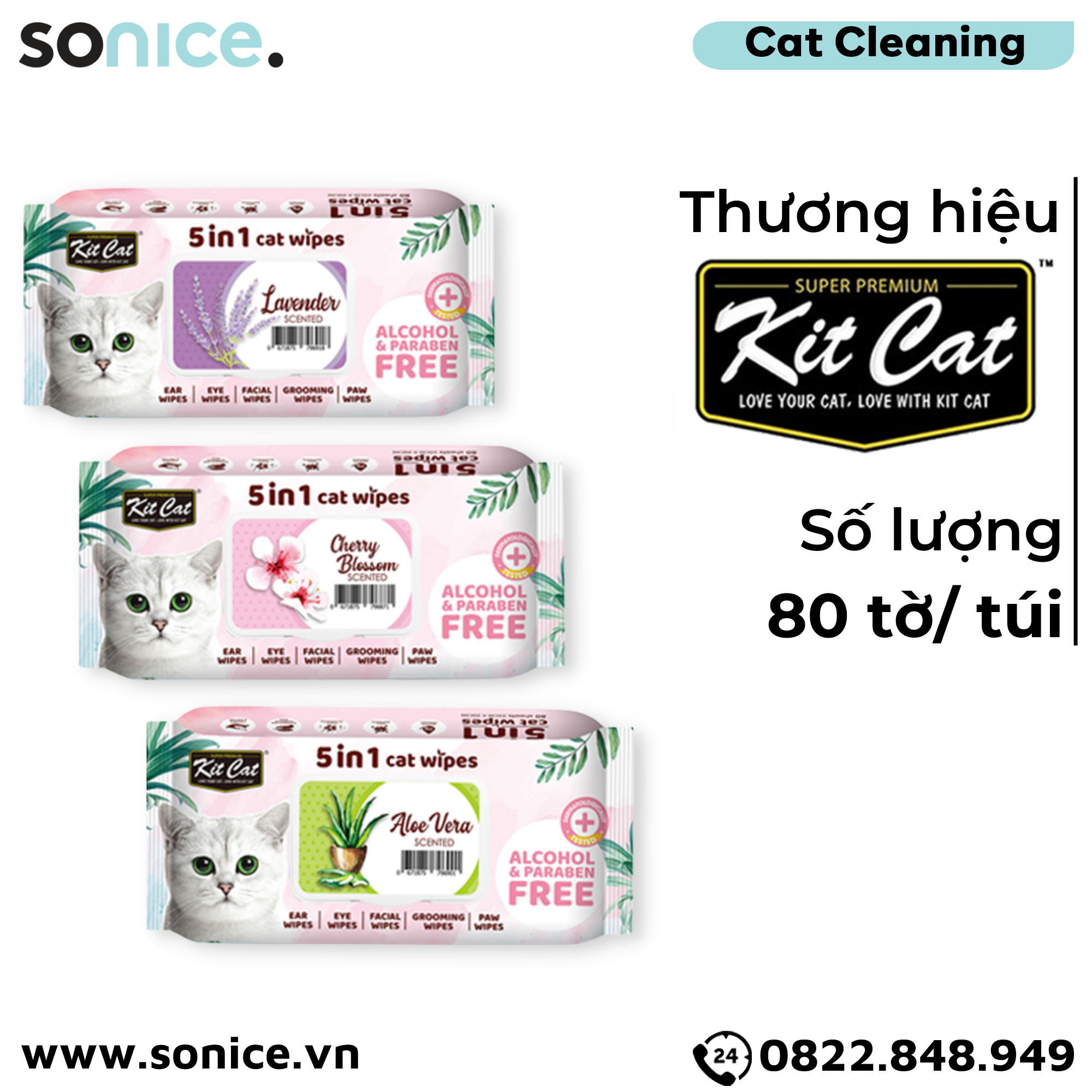  Khăn giấy ướt vệ sinh Kit Cat 5in1 Cat Wipes - Vệ sinh toàn thân cho Mèo SONICE. 