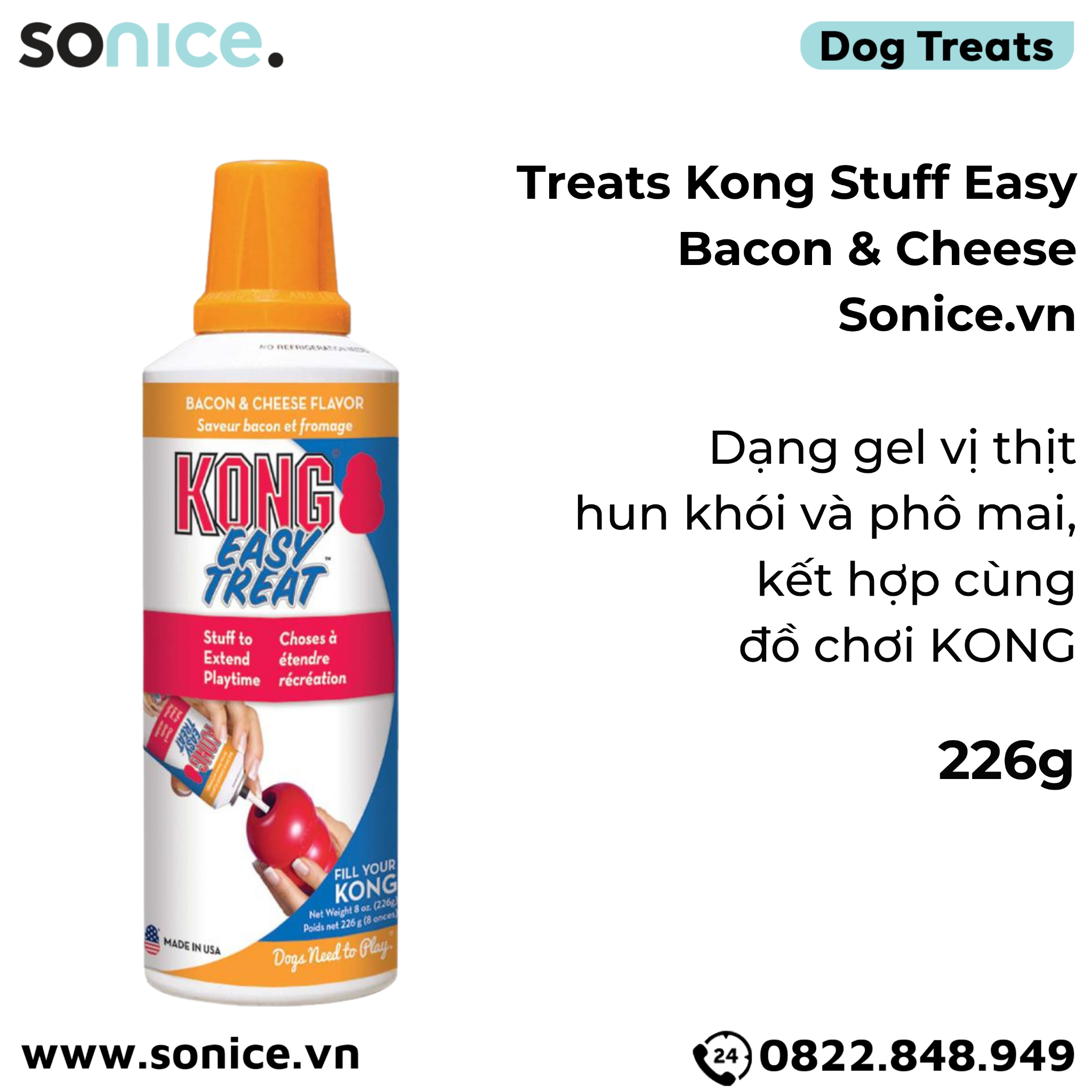  Treats Kong Stuff Easy Bacon & Cheese 226g - dạng gel vị thịt hun khói & phô mai, kết hợp cùng đồ chơi KONG SONICE. 