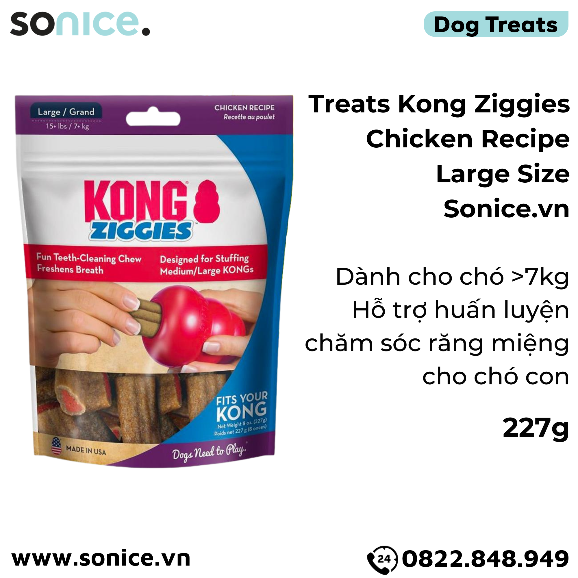  Treats Kong Ziggies Chicken Recipe Large Size 227g - Cho chó >7kg, hỗ trợ huấn luyện, chăm sóc răng miệng cho chó con SONICE. 