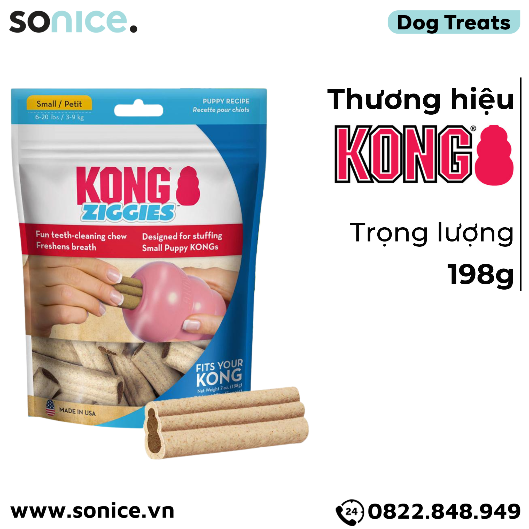  Treats Kong Ziggies Puppy Recipe Small Size 198g - Cho chó 3-9kg, hỗ trợ huấn luyện, chăm sóc răng miệng cho chó con SONICE. 