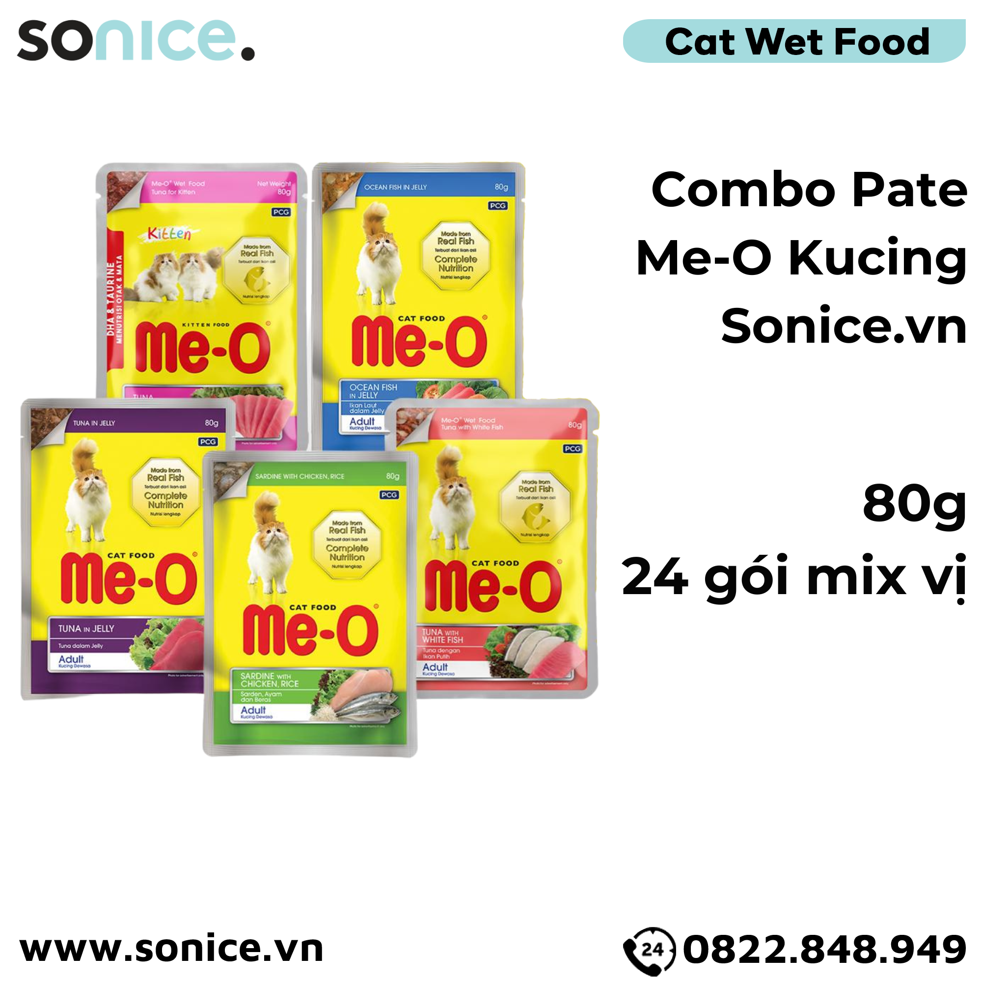  Combo Pate Me-o Kucing Mix vị Tuna, Ocean Fish, Sardine, White Fish, Chicken 80g - 24 gói SONICE. 