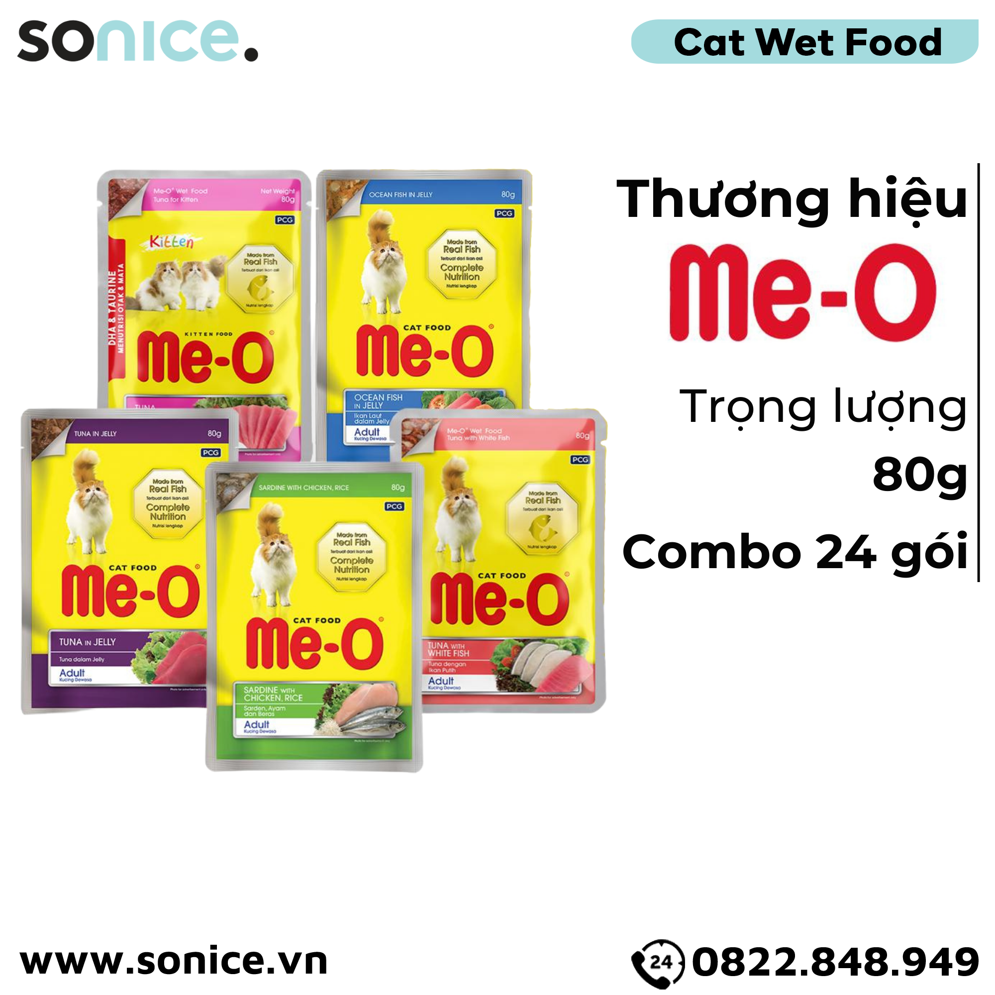  Combo Pate Me-o Kucing Mix vị Tuna, Ocean Fish, Sardine, White Fish, Chicken 80g - 24 gói SONICE. 