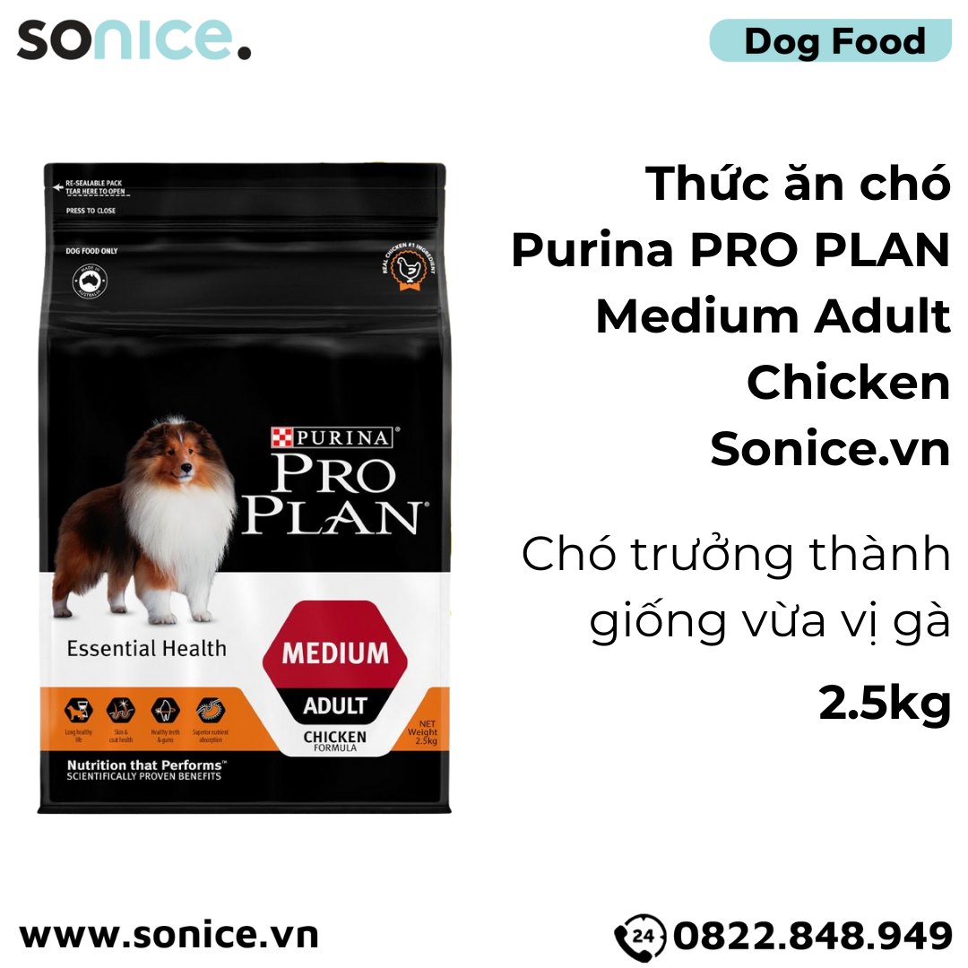  Thức ăn chó Purina PRO PLAN Medium Adult Chicken 2.5kg - chó trưởng thành giống vừa vị gà SONICE. 