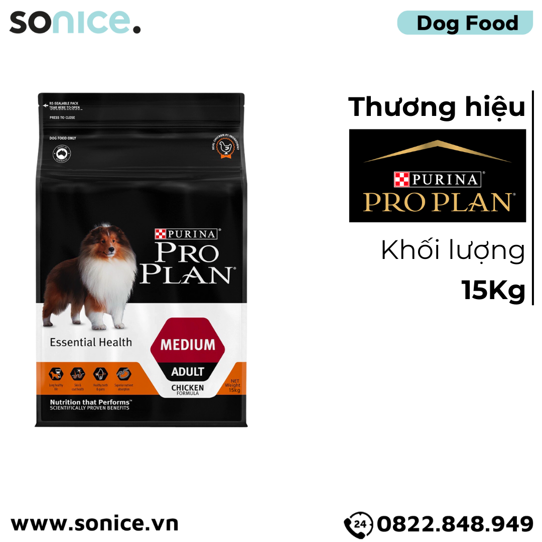  Thức ăn chó Purina PRO PLAN Medium Adult Chicken 15kg - chó trưởng thành giống vừa vị gà SONICE. 