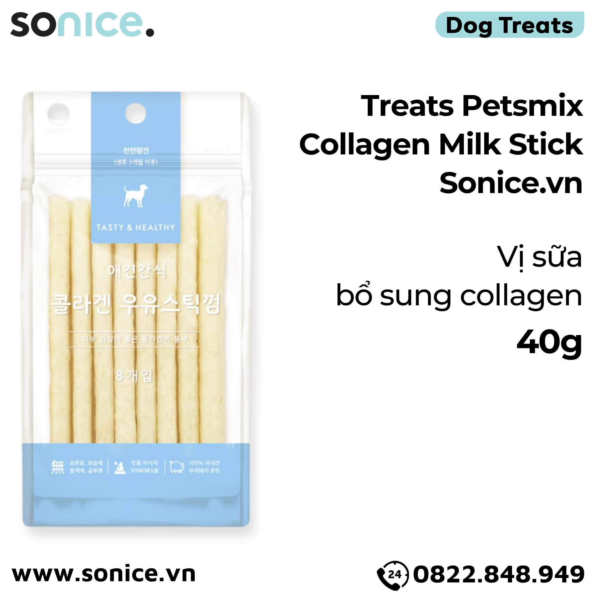  Treats Petsmix Collagen Milk Stick 40g - Vị sữa, bổ sung collagen SONICE. 