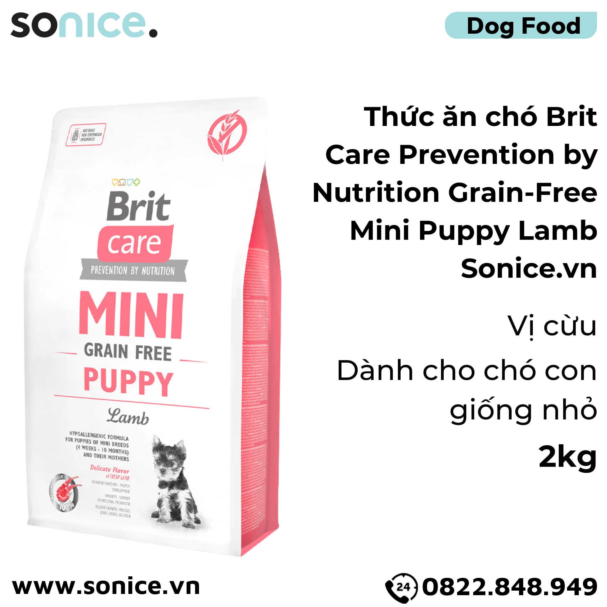  Thức ăn chó Brit Care Prevention by Nutrition Grain-Free Mini Puppy Lamb 2kg - Dành cho chó con giống nhỏ vị Cừu SONICE. 