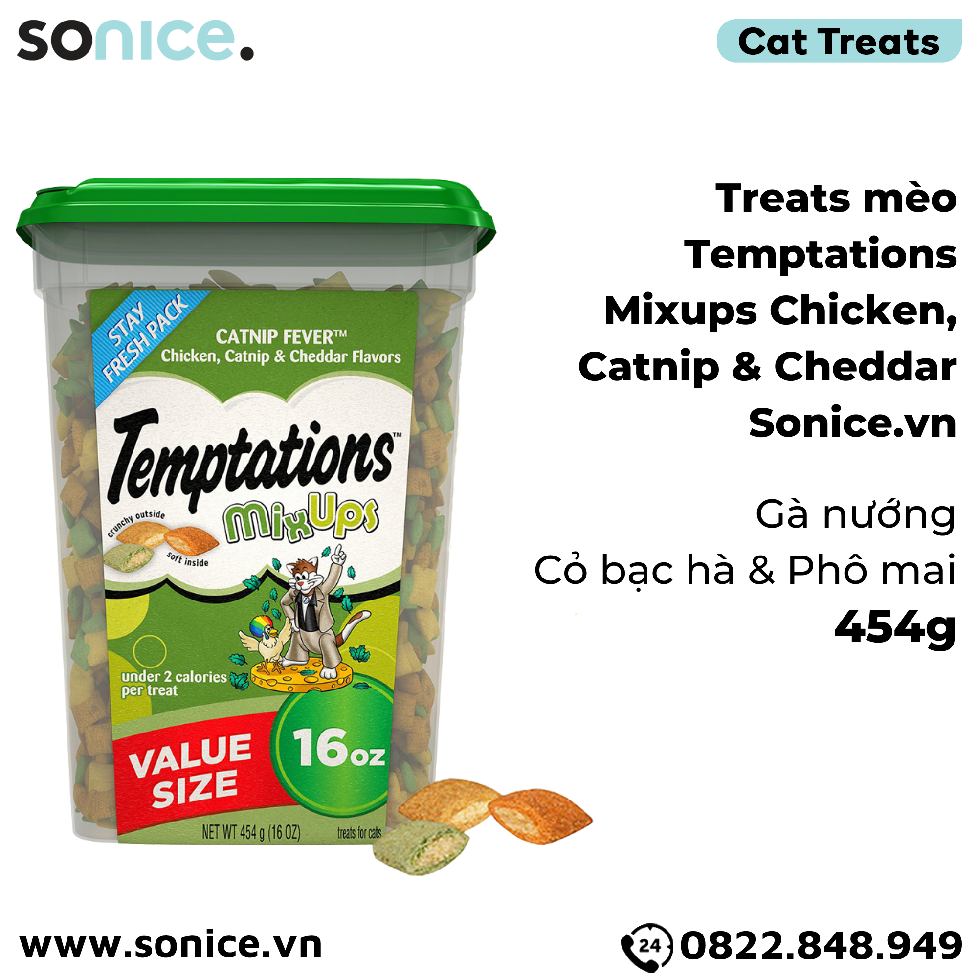  Treat mèo Temptations Mixups Chicken, Catnip, Cheddar 454g - vị gà nướng, cỏ bạc hà, phô mai SONICE. 