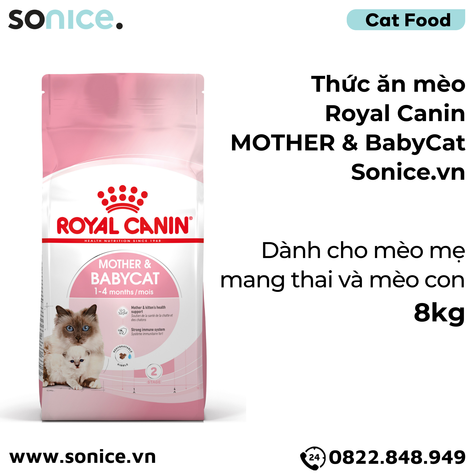 Royal Canin MOTHER & BabyCat - Hãy xem hình sản phẩm Royal Canin MOTHER & BabyCat để cho con mèo yêu của bạn có một chế độ ăn uống tốt nhất, đáp ứng đầy đủ nhu cầu dinh dưỡng từ lúc sinh đến khi trưởng thành. Sản phẩm đáp ứng các yếu tố dinh dưỡng được khuyến cáo cho thai mèo và mèo con trong thời gian đầu của cuộc đời.