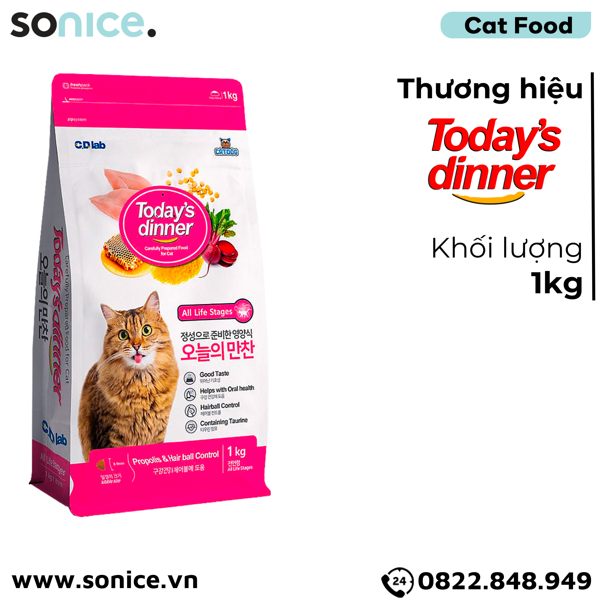  Thức ăn mèo Today's Dinner Propolis & Hairball Control 1kg - Hỗ trợ dưỡng lông, cho mèo mọi lứa tuổi SONICE. 