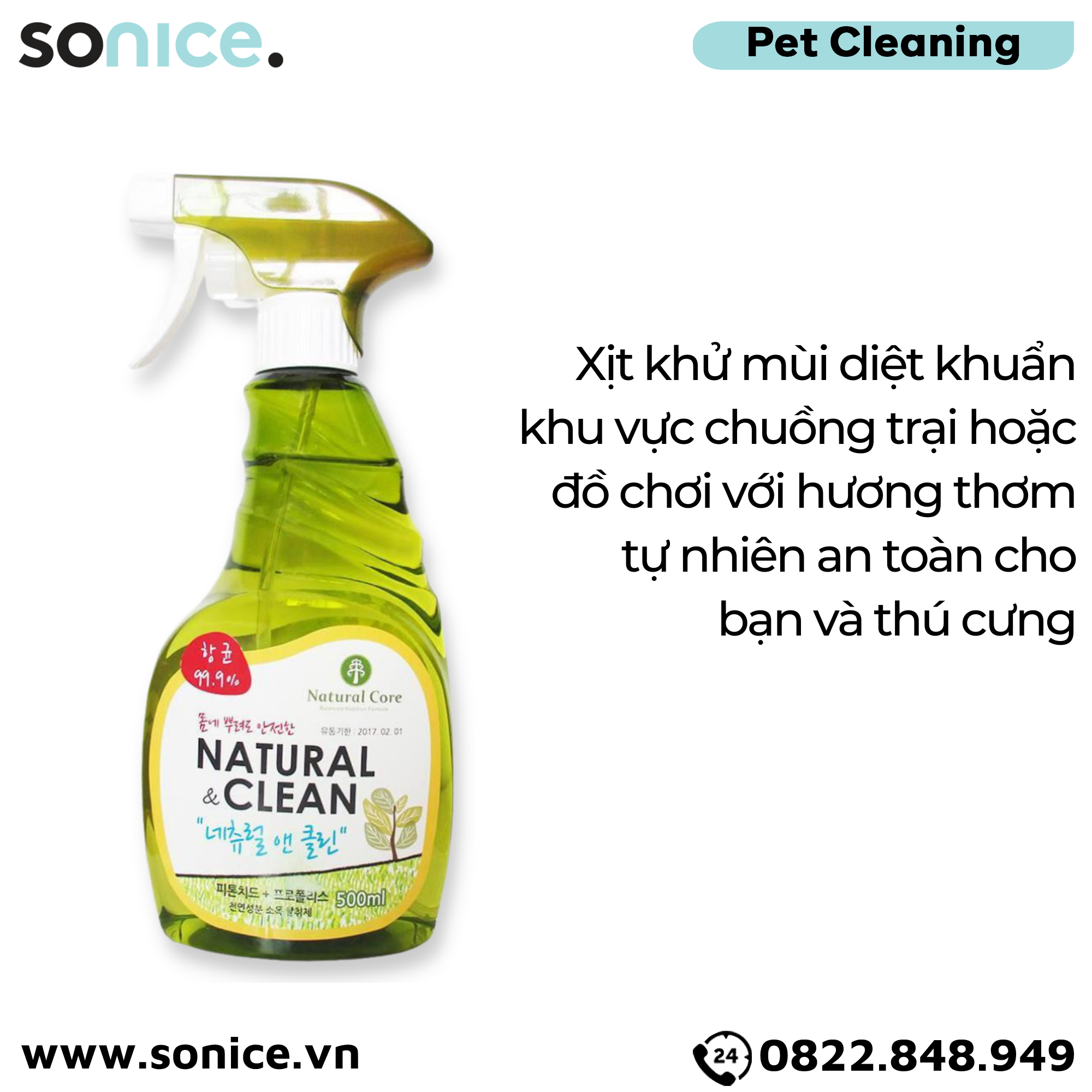  Xịt khử mùi diệt khuẩn Natural Clean 500ml SONICE. 