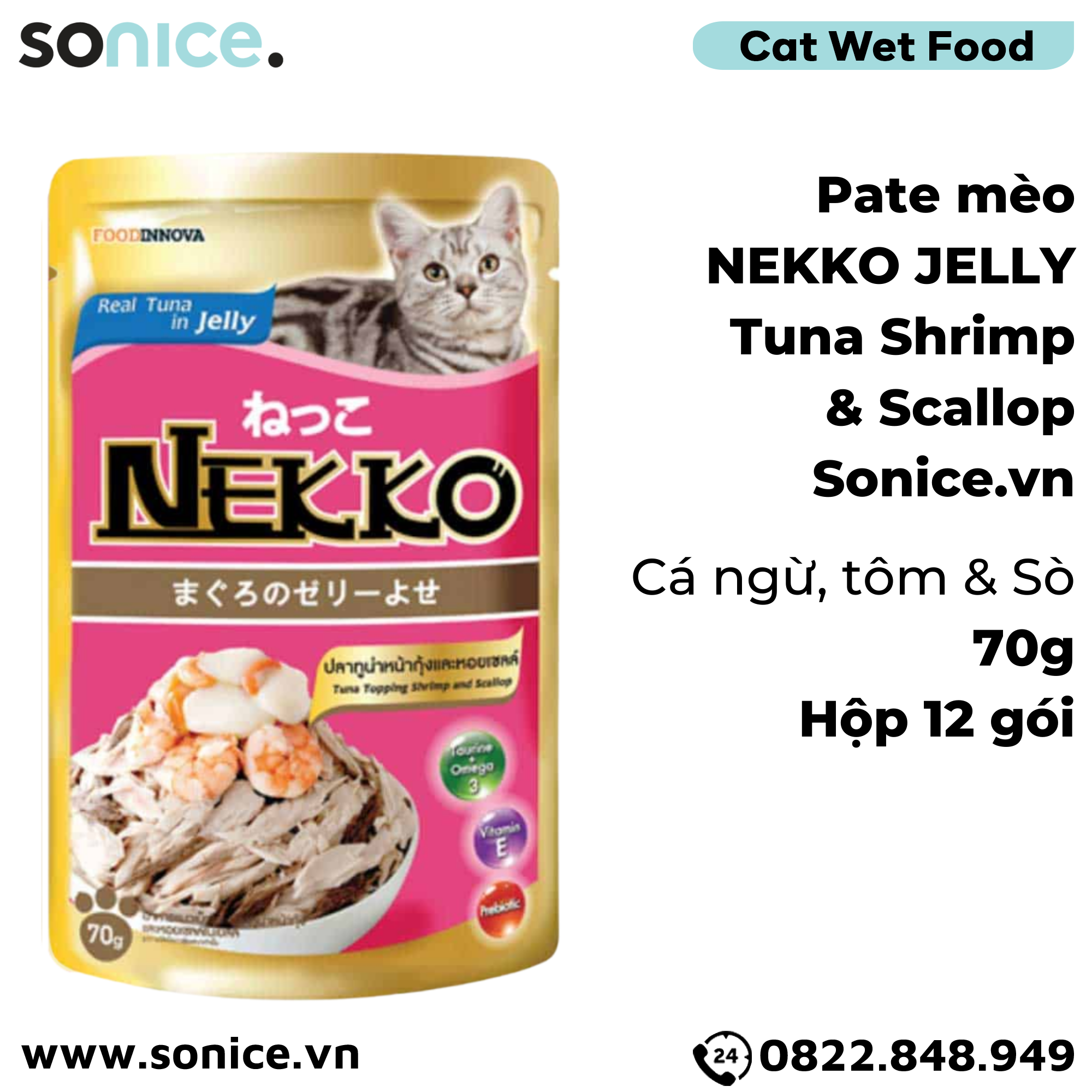  Pate mèo NEKKO Cá Ngừ & Shrimp 70g - 1 hộp 12 gói SONICE. 