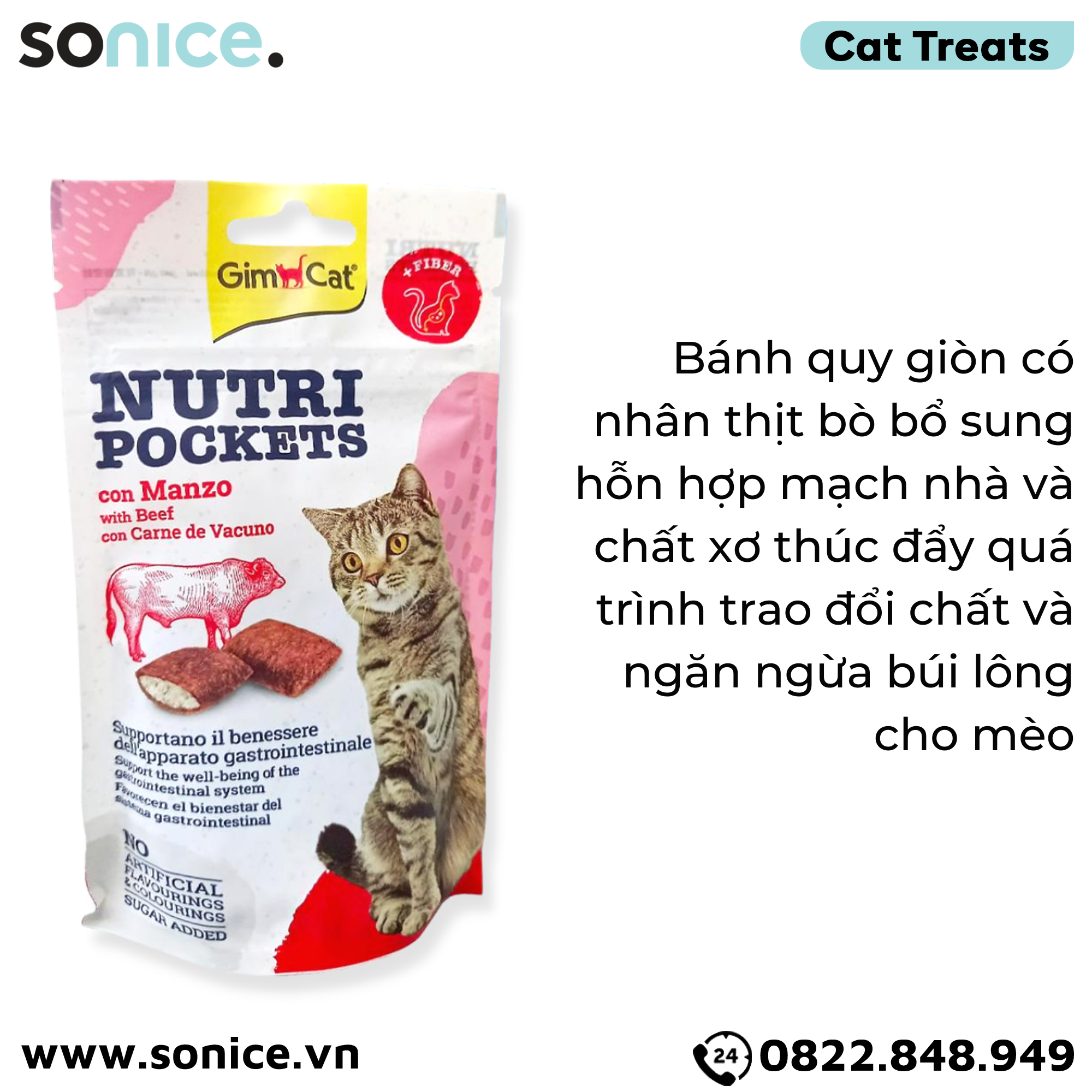  Treats Gimcat Nutri Pockets Beef 60g - Hỗ trợ tiêu hoá, ngăn ngừa búi lông SONICE. 