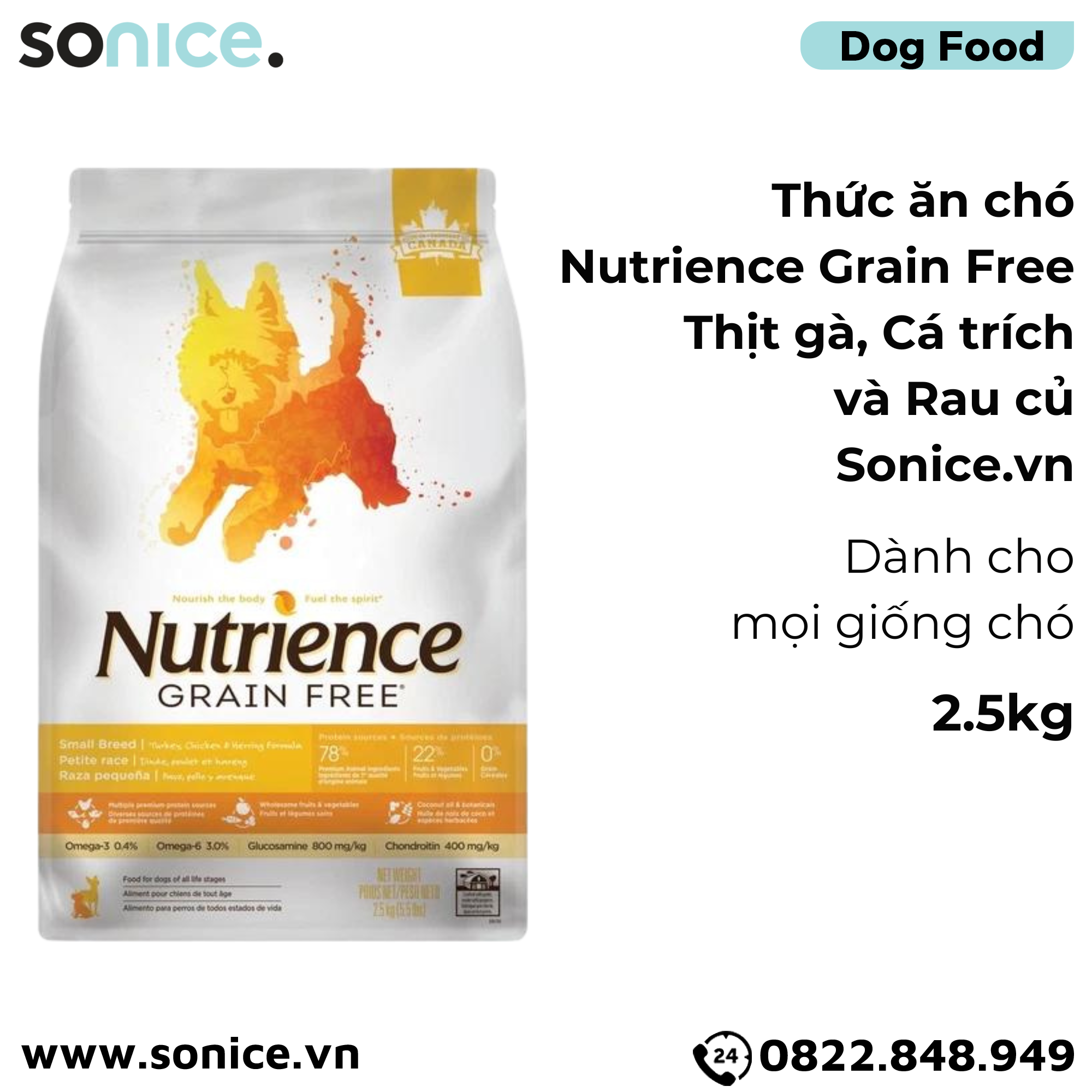  Thức ăn chó Nutrience Grain Free Thịt gà cá trích rau củ 2.5kg SONICE. 