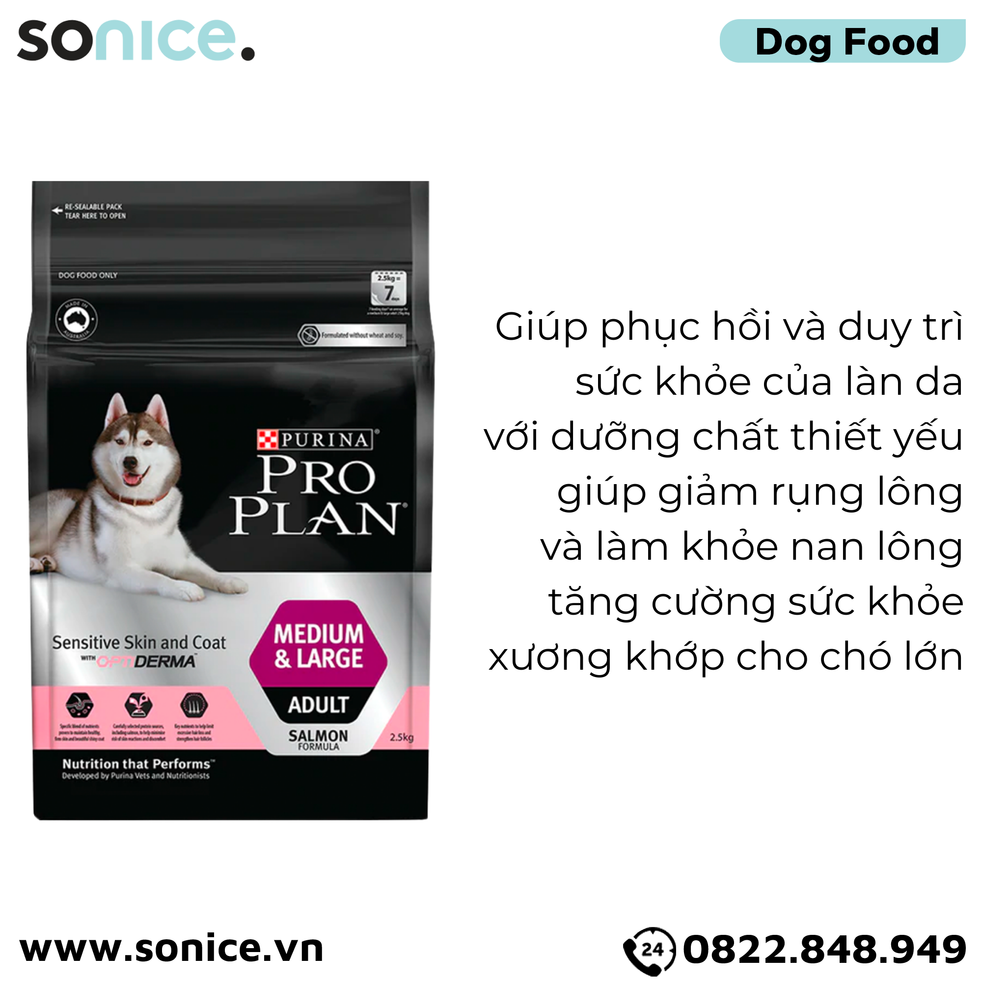  Thức ăn chó Purina PRO PLAN Medium Large Adult Sensitive Skin Coat 2.5kg - Dành cho da nhạy cảm dễ dị ứng giống chó lớn SONICE. 