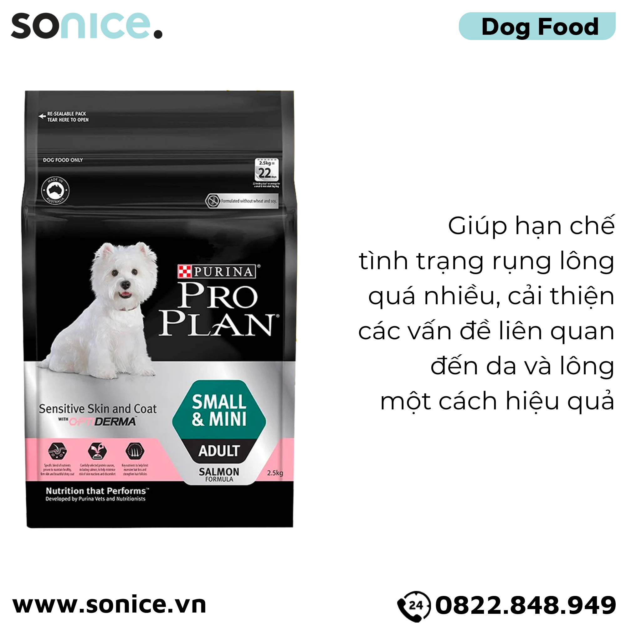  Thức ăn chó Purina PRO PLAN Small Mini Adult Sensitive Skin Coat 2.5kg - Dành cho da nhạy cảm dễ dị ứng giống chó nhỏ SONICE. 