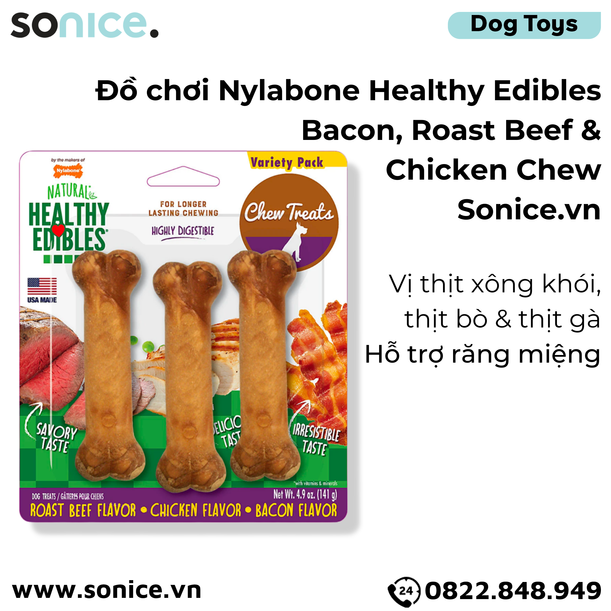  Đồ chơi Nylabone Healthy Edibles Bacon, Roast Beef & Chicken Chew Toys - Thịt xông khói, thịt bò và thịt gà, hỗ trợ răng miệng SONICE. 