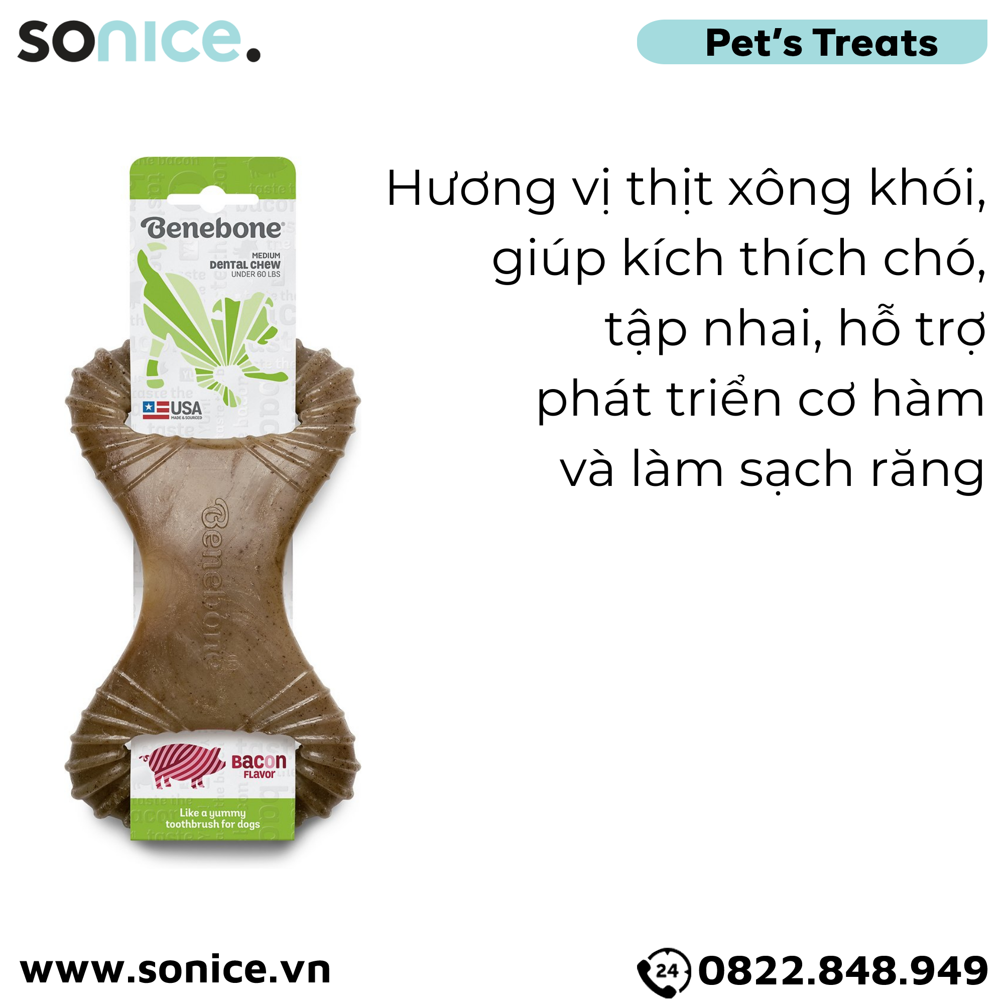  Xương gặm BENEBONE Dental Chew Bacon Medium Size cho chó >20kg - vị thịt xông khói SONICE. 