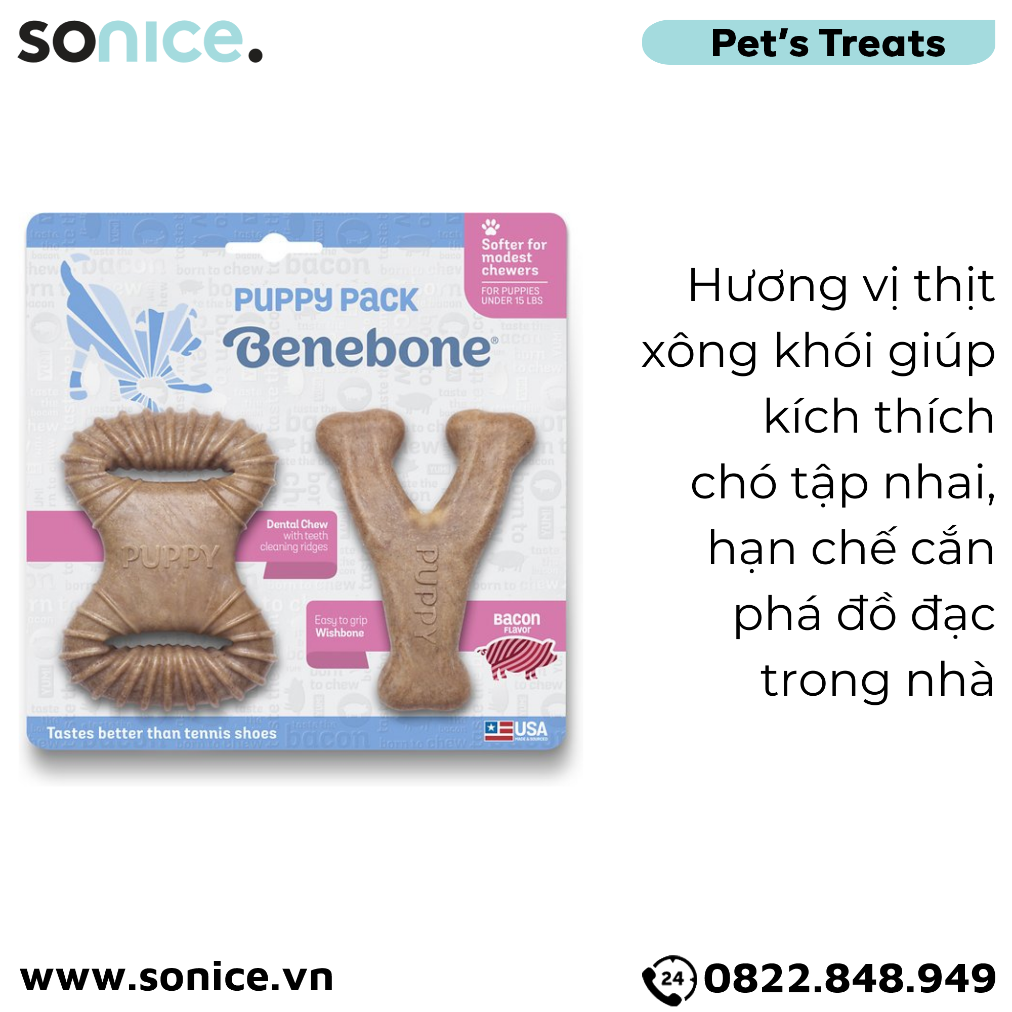  Combo 2 xương gặm Benebone Puppy Bacon cho chó con vị thịt xông khói - nhập USA SONICE. 