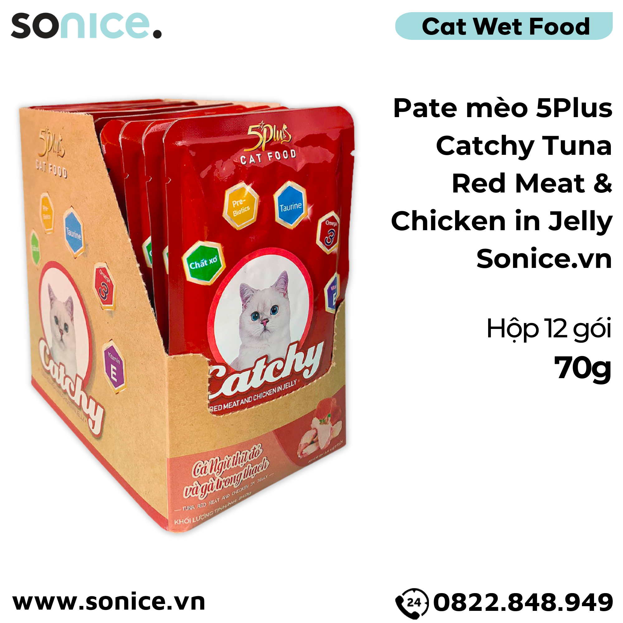  Pate mèo 5Plus Catchy Tuna Red Meat & Chicken in Jelly 70g - Hộp 12 gói SONICE. 