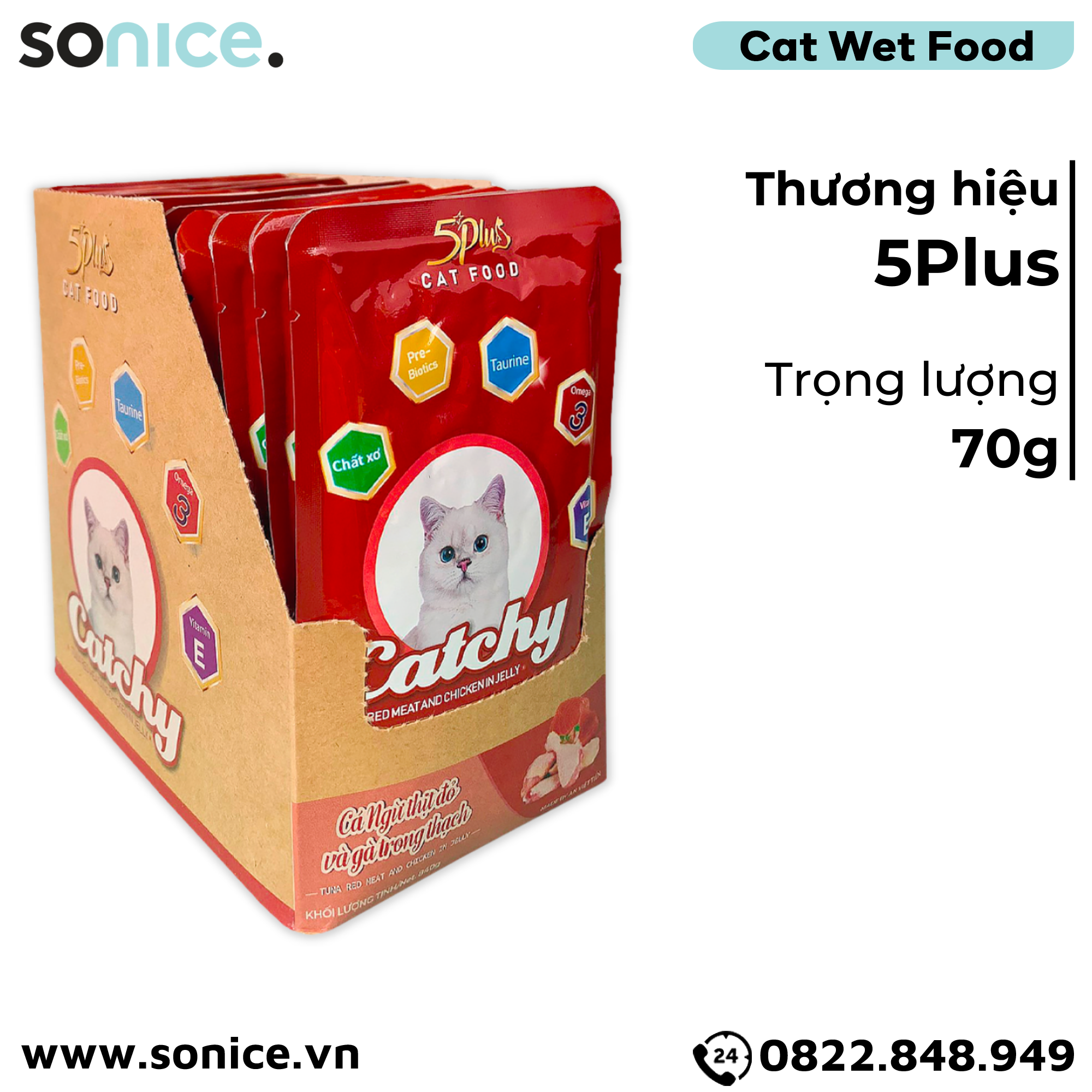  Pate mèo 5Plus Catchy Tuna Red Meat & Chicken in Jelly 70g - Hộp 12 gói SONICE. 