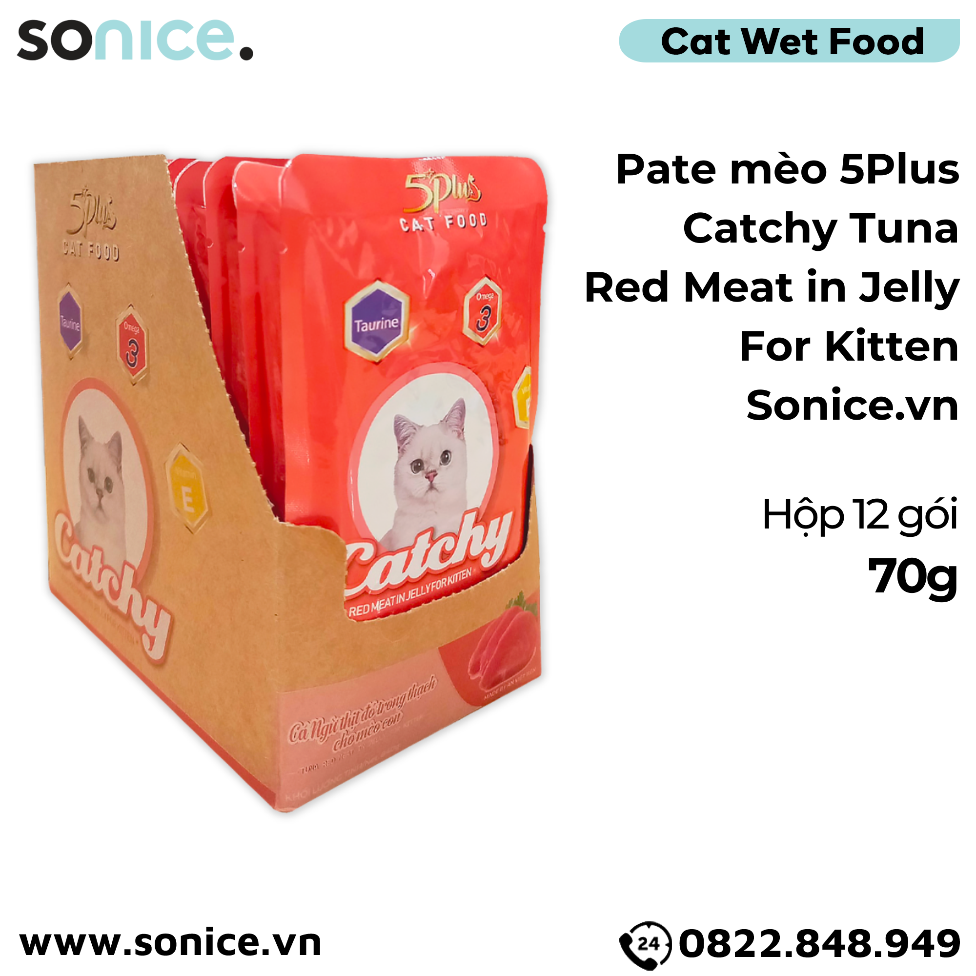  Pate mèo 5Plus Catchy Tuna Red Meat in Jelly for Kitten 70g - Hộp 12 gói SONICE. 