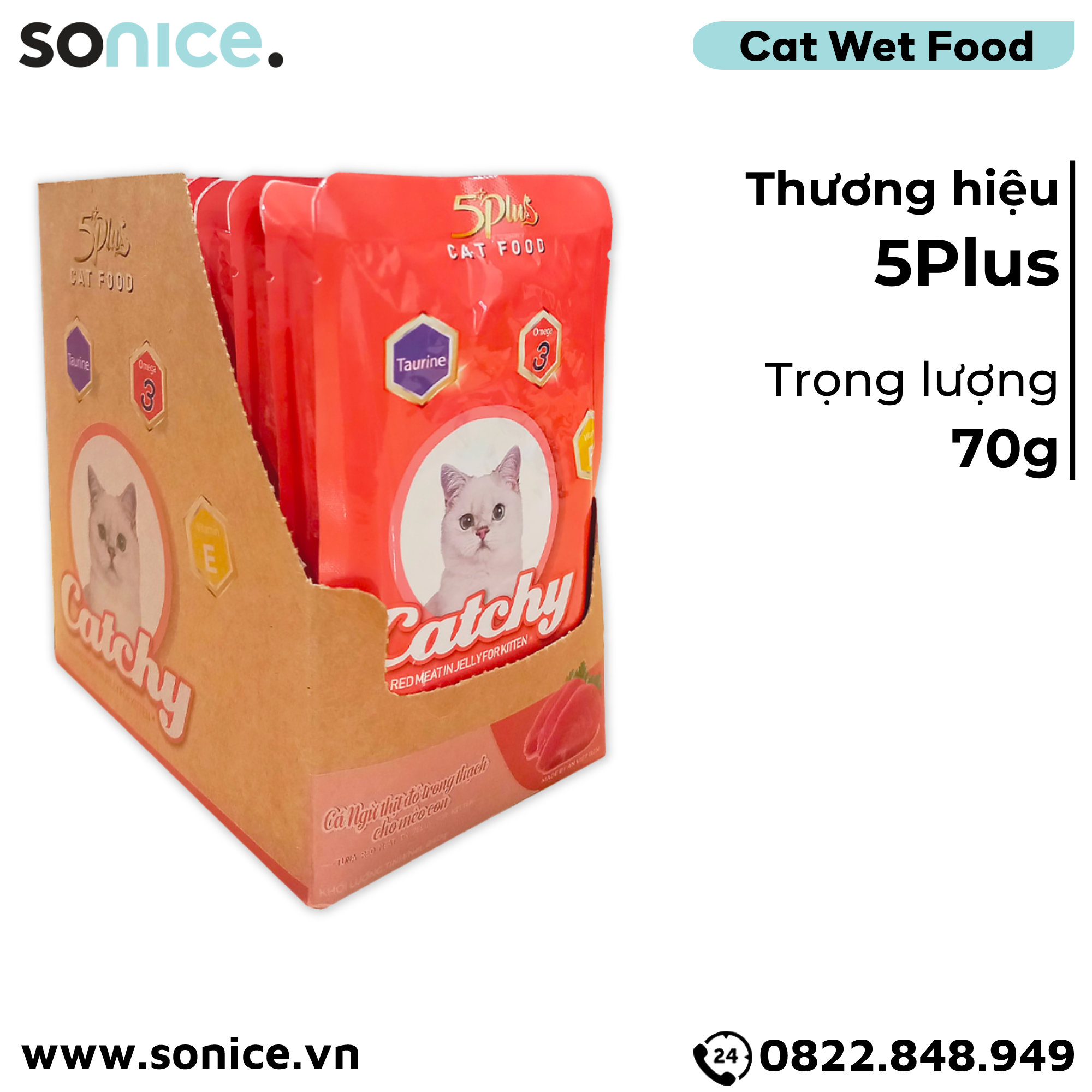  Pate mèo 5Plus Catchy Tuna Red Meat in Jelly for Kitten 70g - Hộp 12 gói SONICE. 