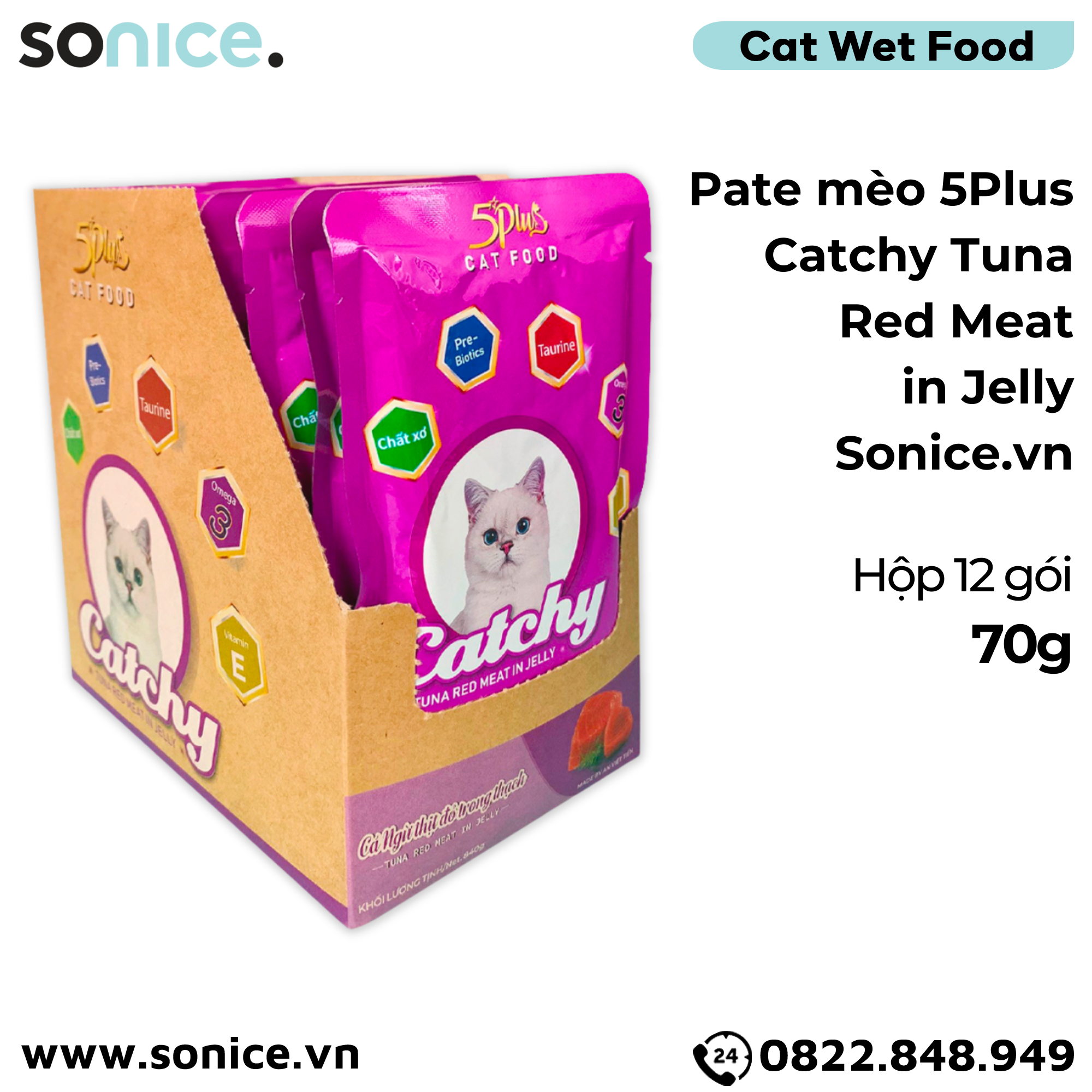  Pate mèo 5Plus Catchy Tuna Red Meat in Jelly 70g - Hộp 12 gói SONICE. 