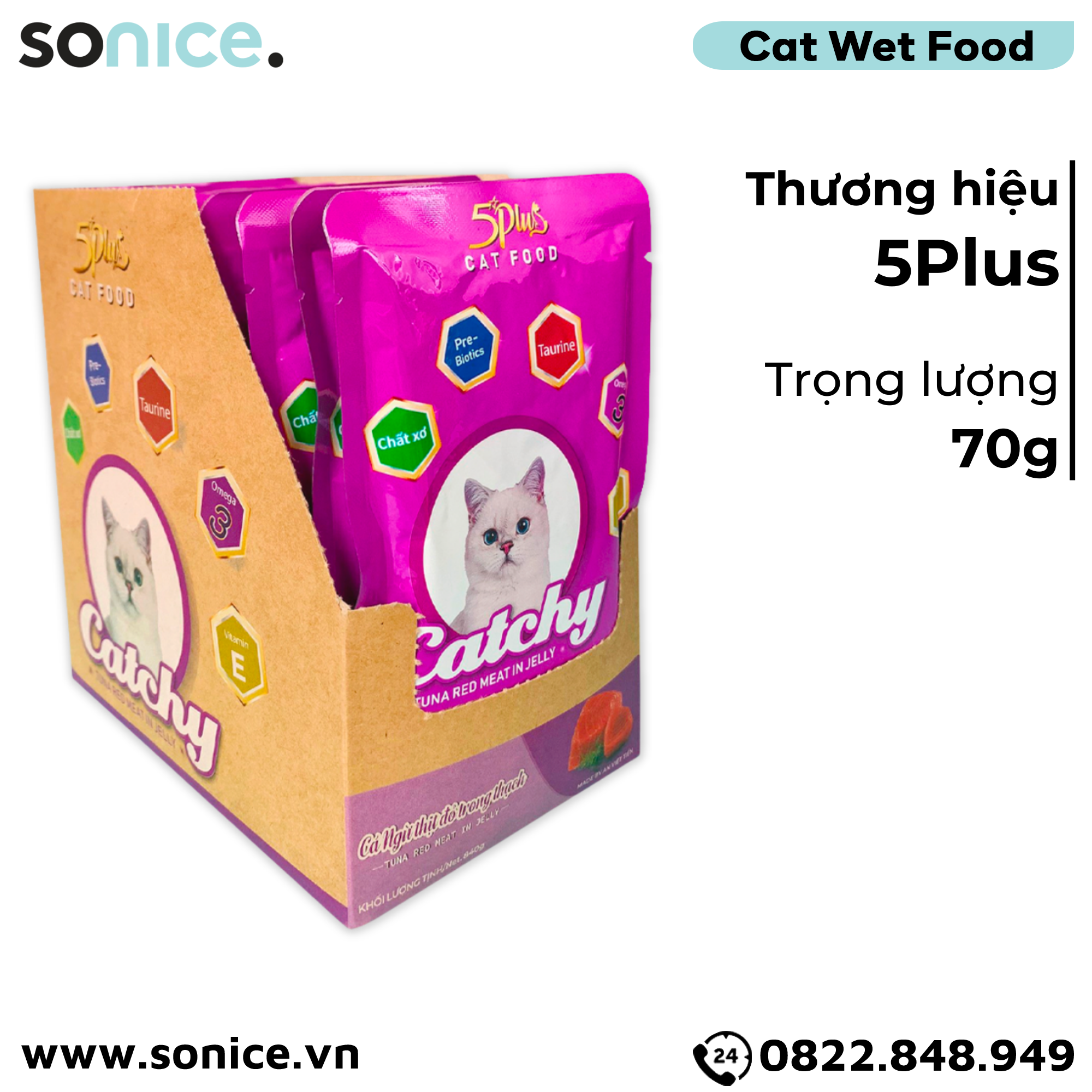  Pate mèo 5Plus Catchy Tuna Red Meat in Jelly 70g - Hộp 12 gói SONICE. 