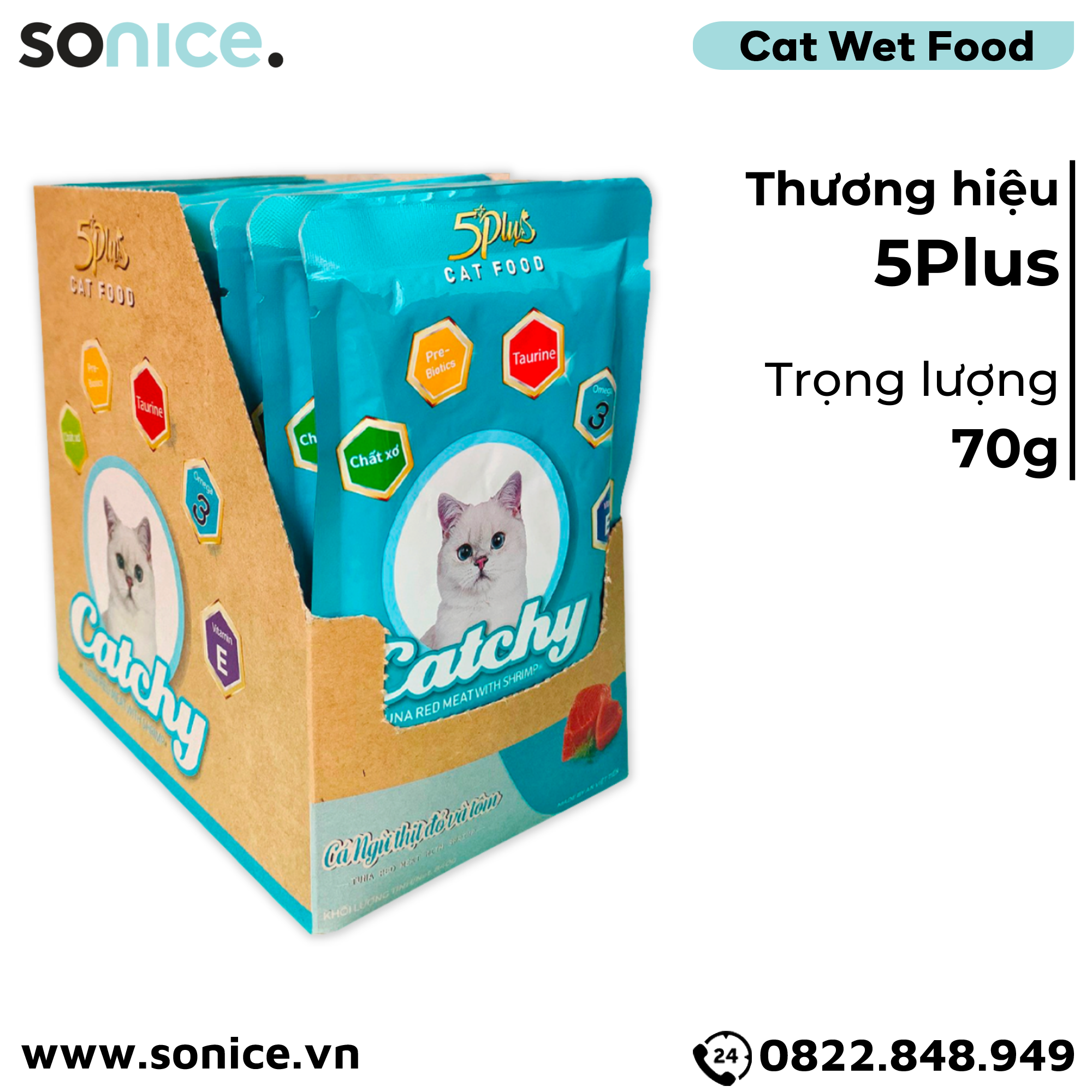 Pate mèo 5Plus Catchy Tuna Red Meat with Shrimp in Jelly 70g - Hộp 12 gói SONICE. 