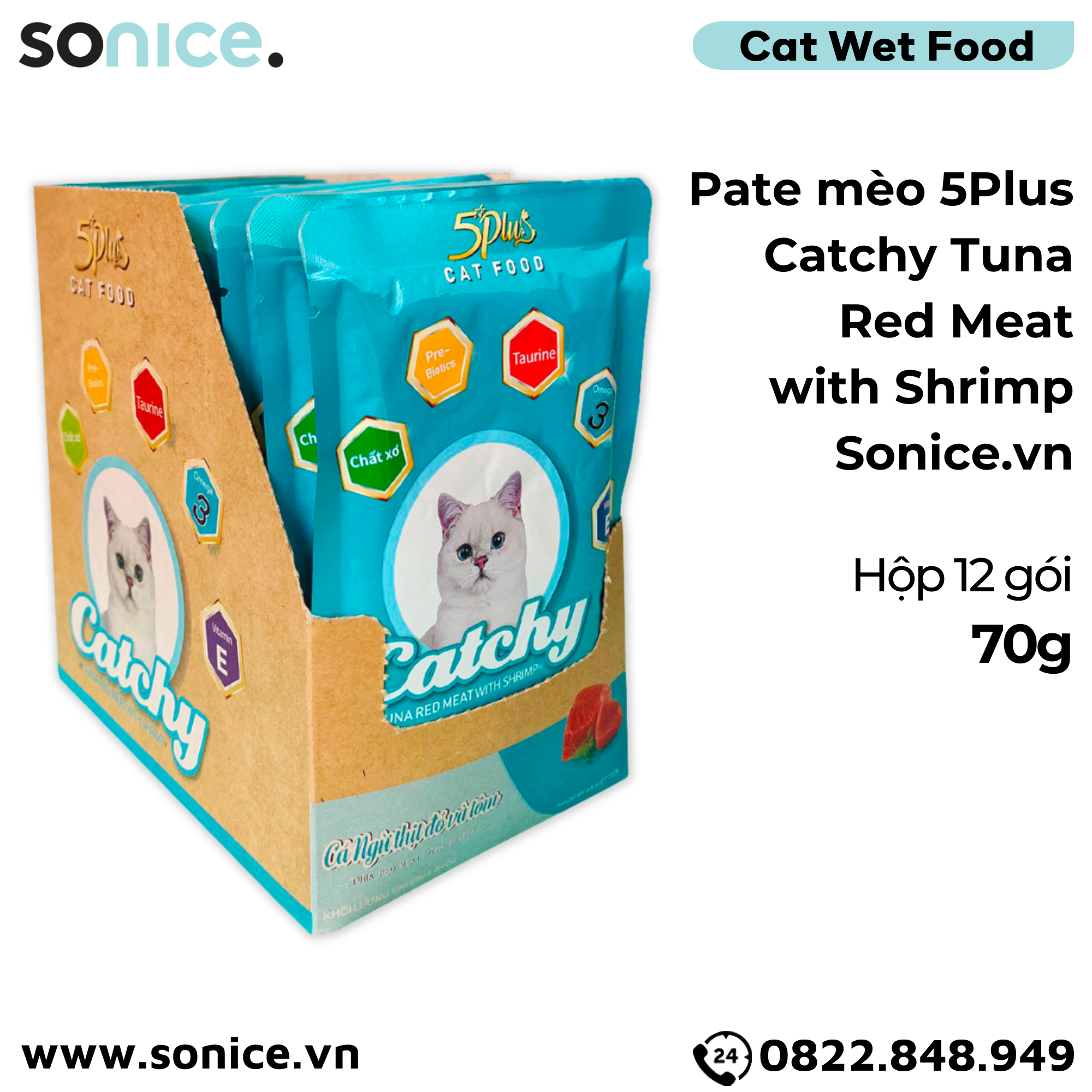  Pate mèo 5Plus Catchy Tuna Red Meat with Shrimp in Jelly 70g - Hộp 12 gói SONICE. 