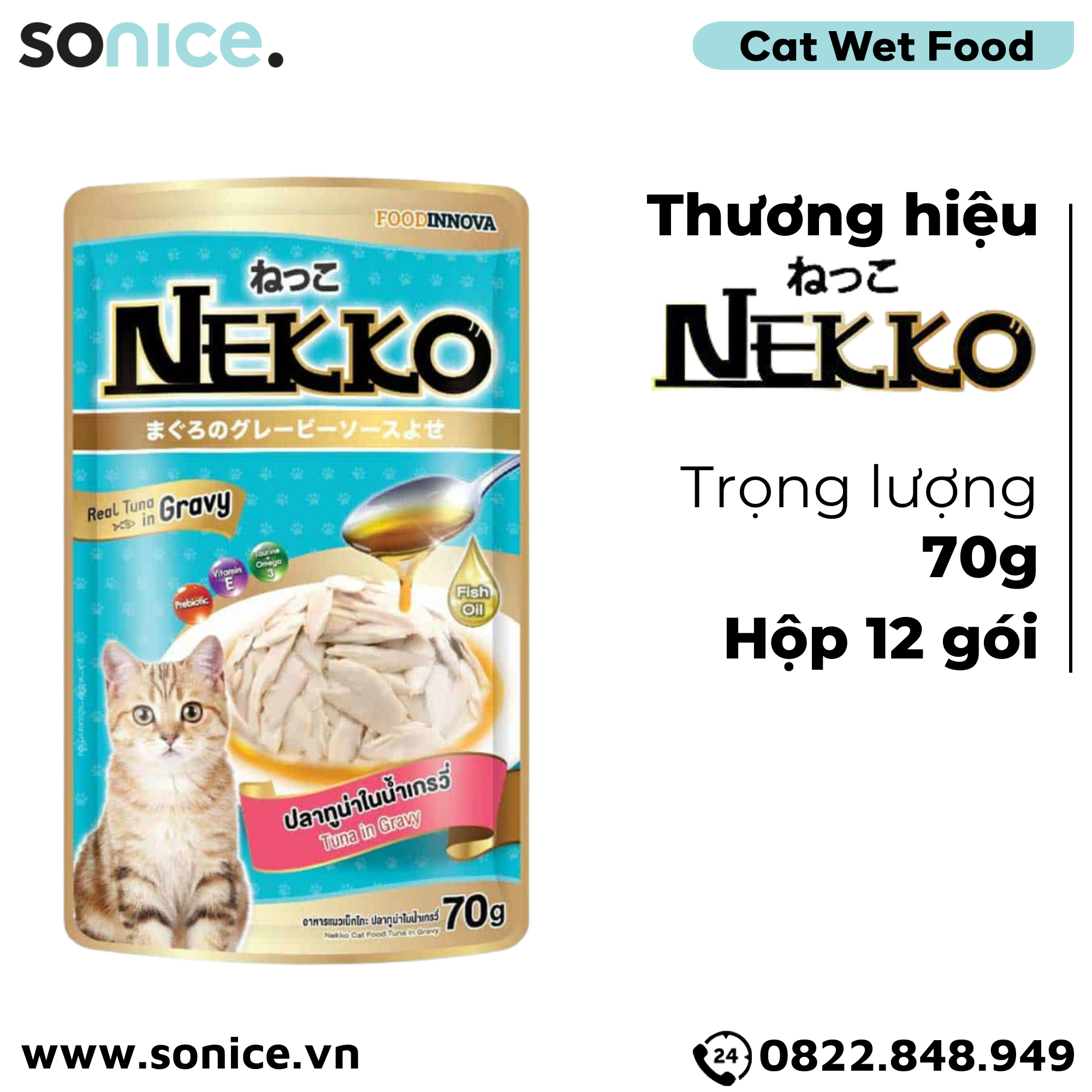  Pate mèo NEKKO GRAVY Cá Ngừ 70g - 1 hộp 12 gói SONICE. 