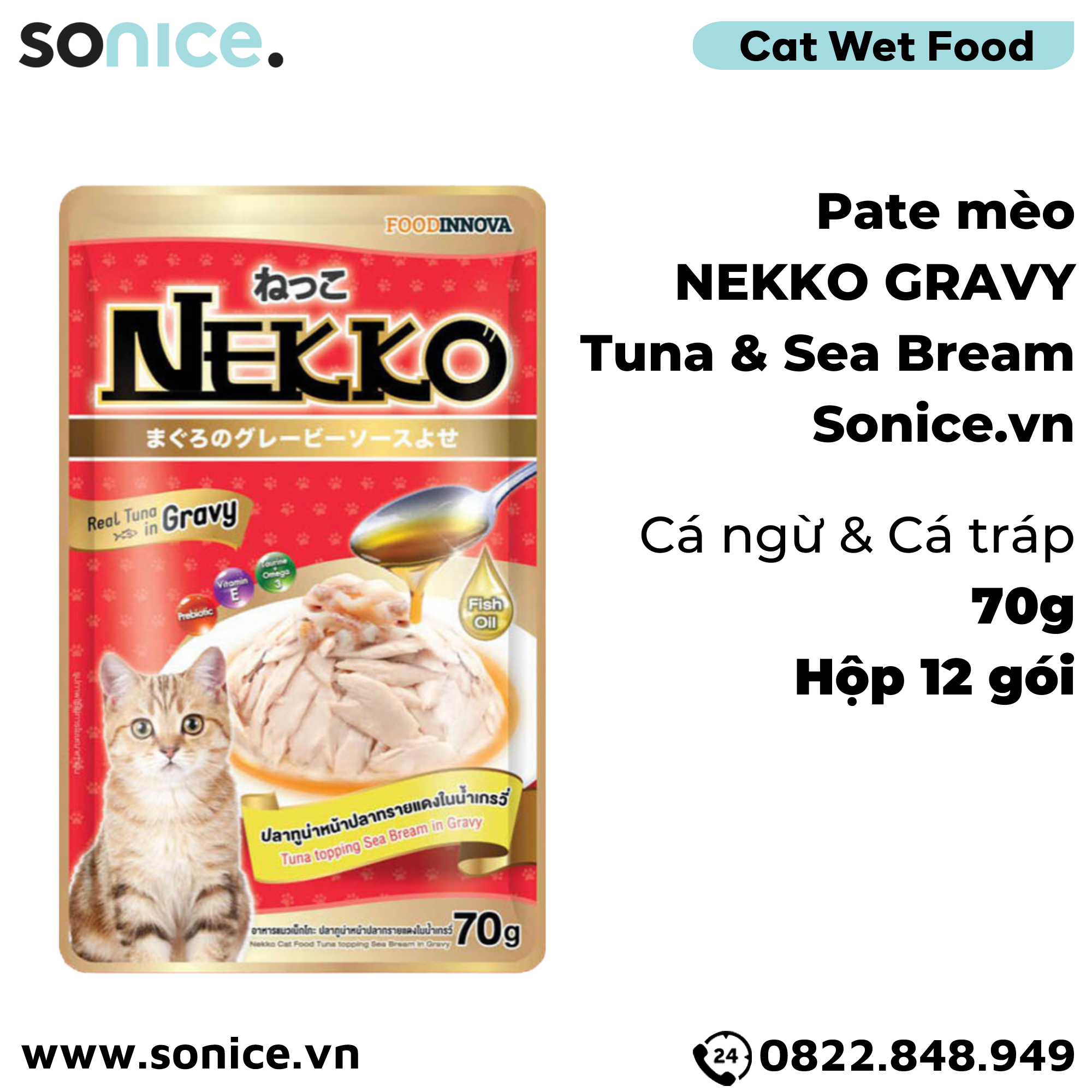  Pate mèo NEKKO GRAVY Cá Ngừ & Sea Bream 70g - 1 hộp 12 gói SONICE. 