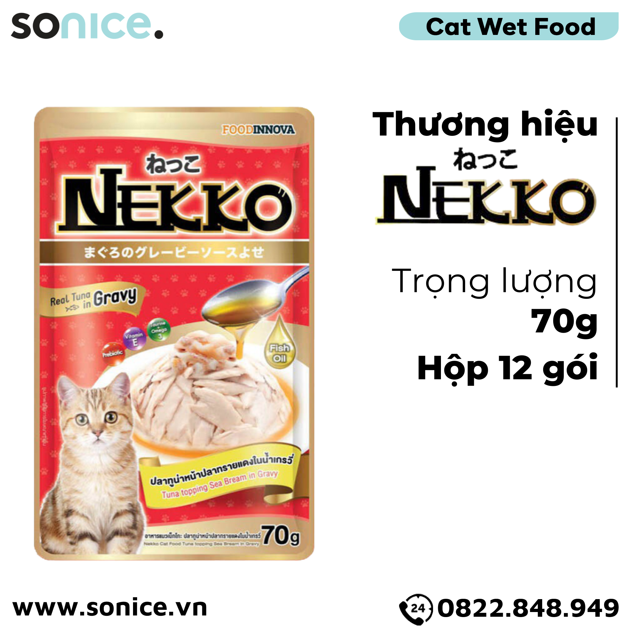  Pate mèo NEKKO GRAVY Cá Ngừ & Sea Bream 70g - 1 hộp 12 gói SONICE. 