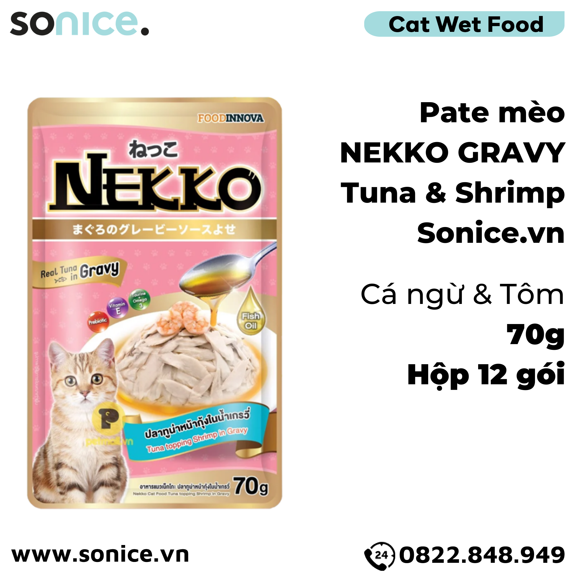  Pate mèo NEKKO GRAVY Cá Ngừ & Shrimp 70g - 1 hộp 12 gói SONICE. 