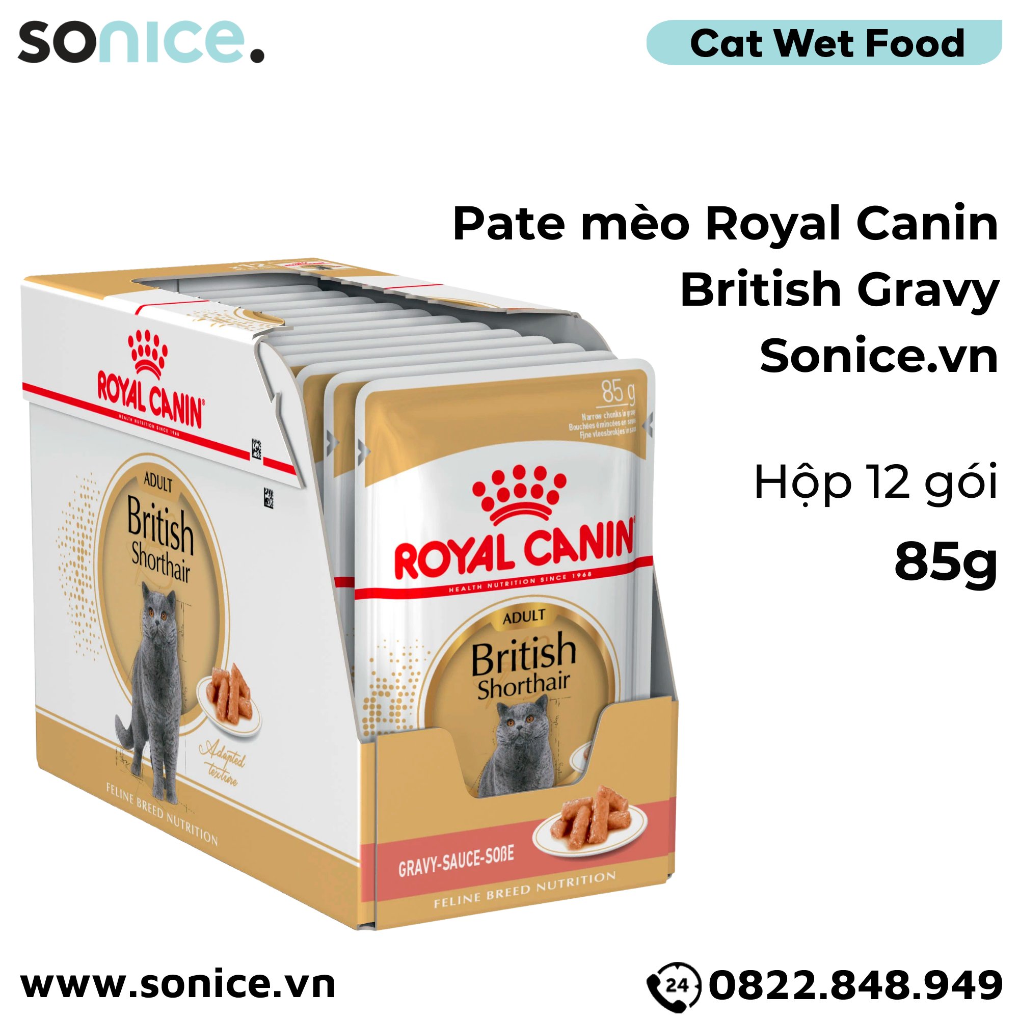  Pate mèo Royal Canin British Adult Gravy 85g - Hộp 12 gói SONICE. 