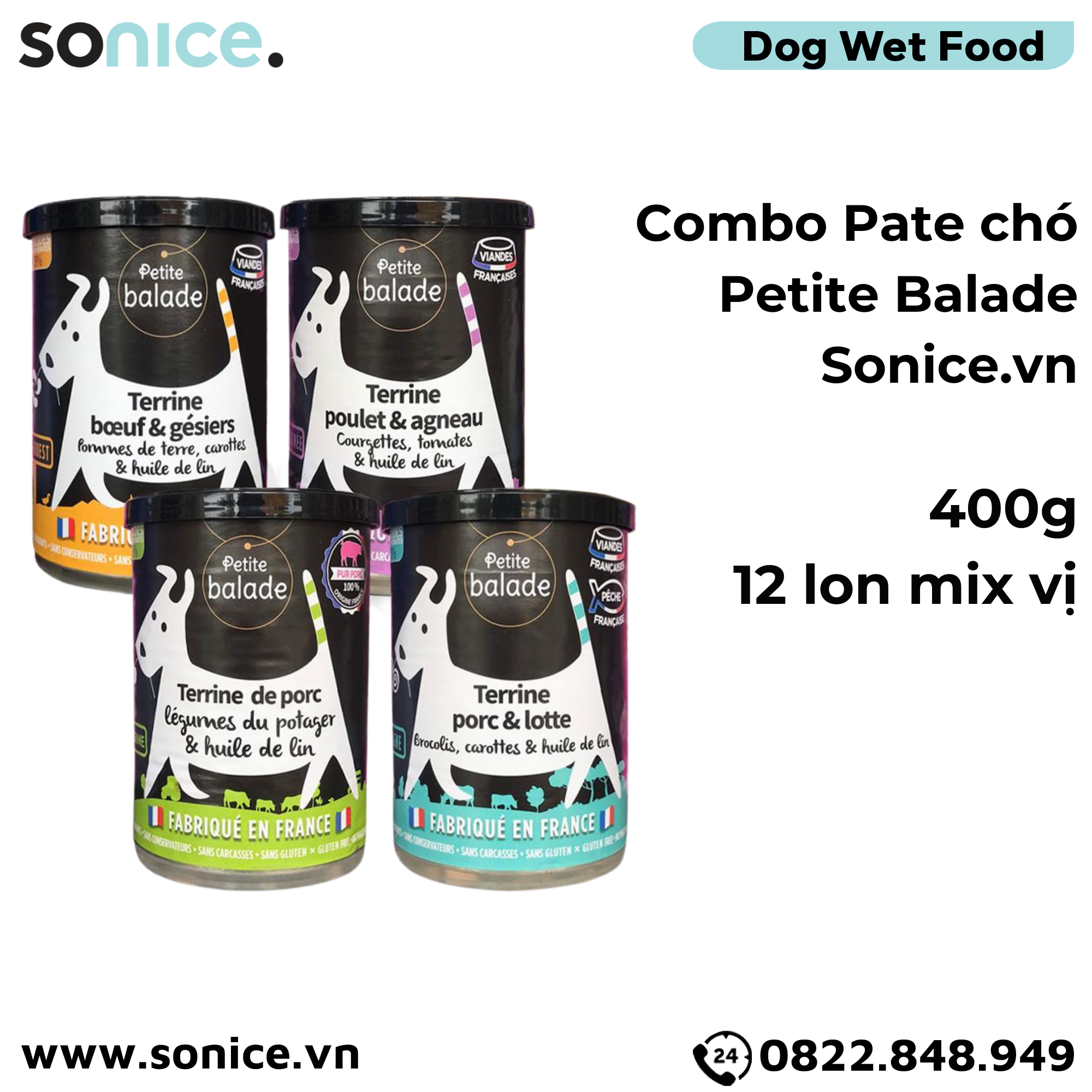  Combo Pate chó Petite Balade 400g mix 4 vị - Thịt heo, bò & gà, cừu, cá chày - 12 lon SONICE. 