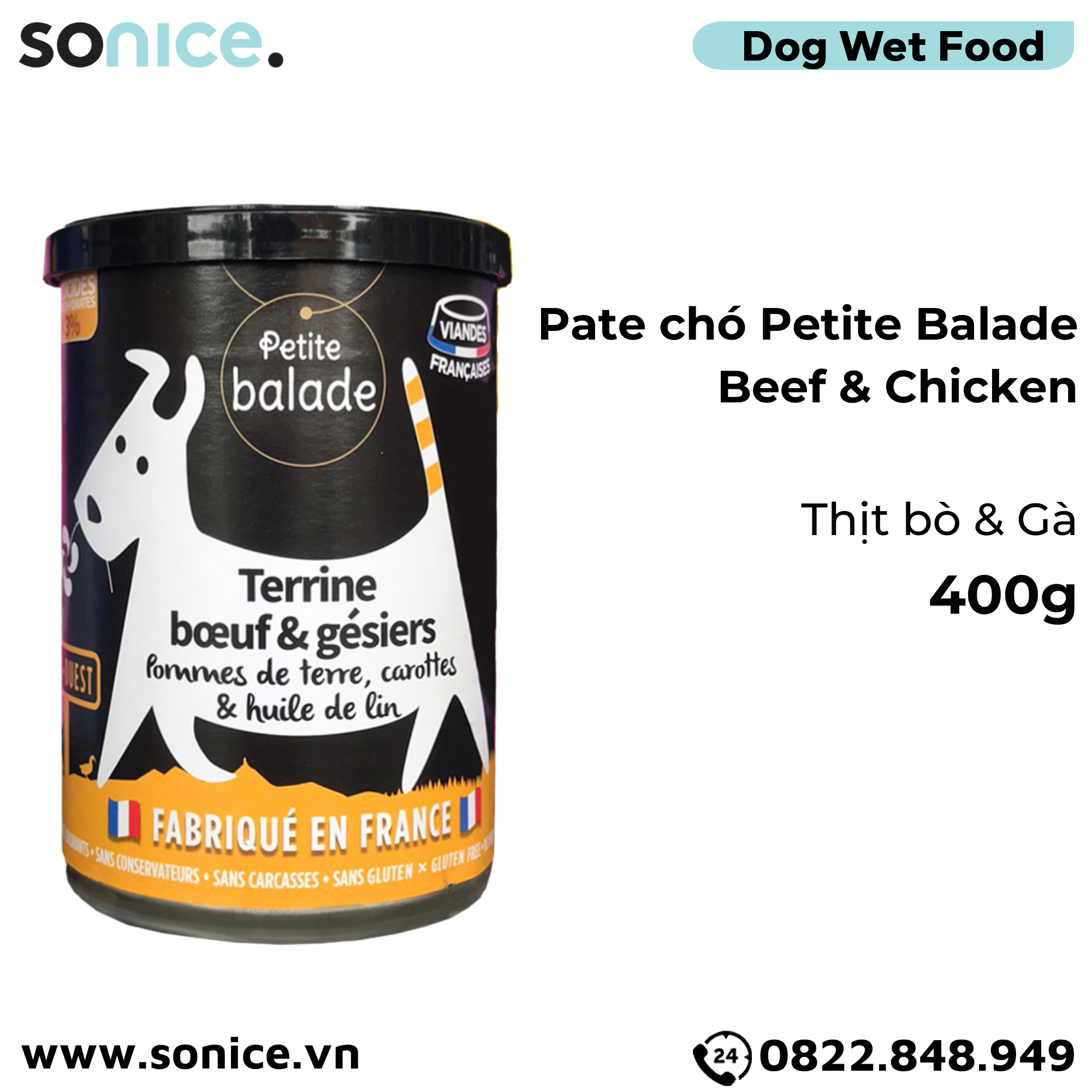  Combo Pate chó Petite Balade 400g mix 4 vị - Thịt heo, bò & gà, cừu, cá chày - 12 lon SONICE. 