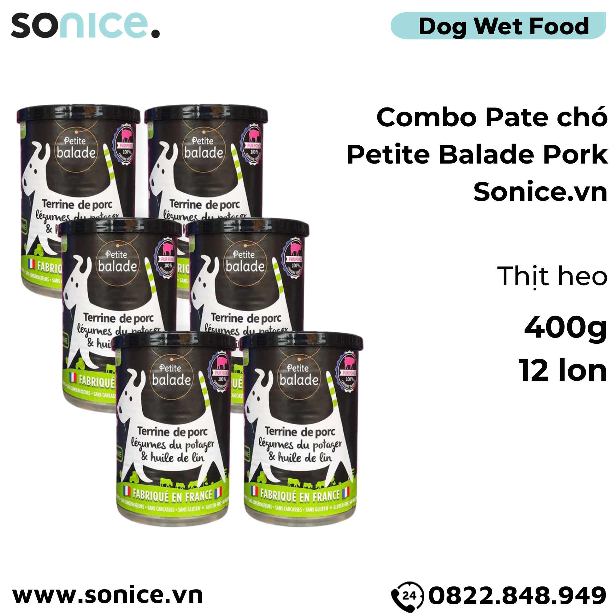  Combo Pate chó Petite Balade Pork 400g - 12 lon - Thịt heo SONICE. 