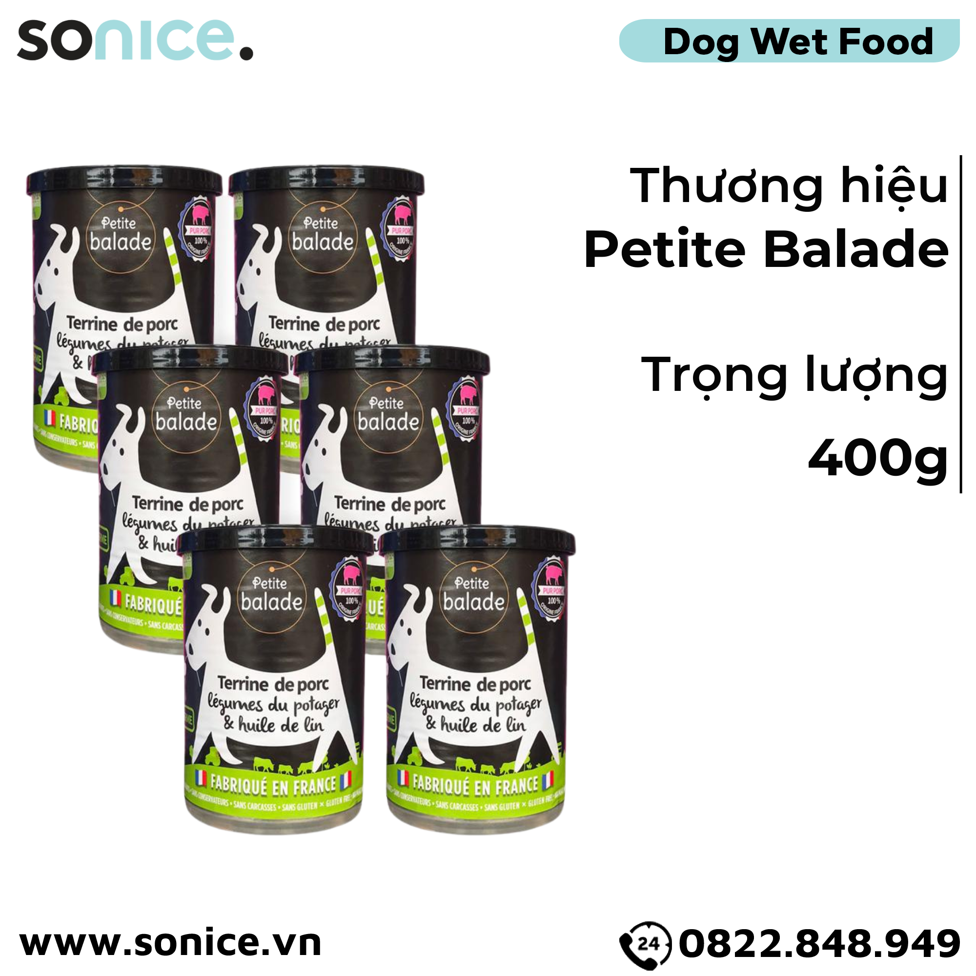  Combo Pate chó Petite Balade Pork 400g - 6 lon - Thịt heo SONICE. 